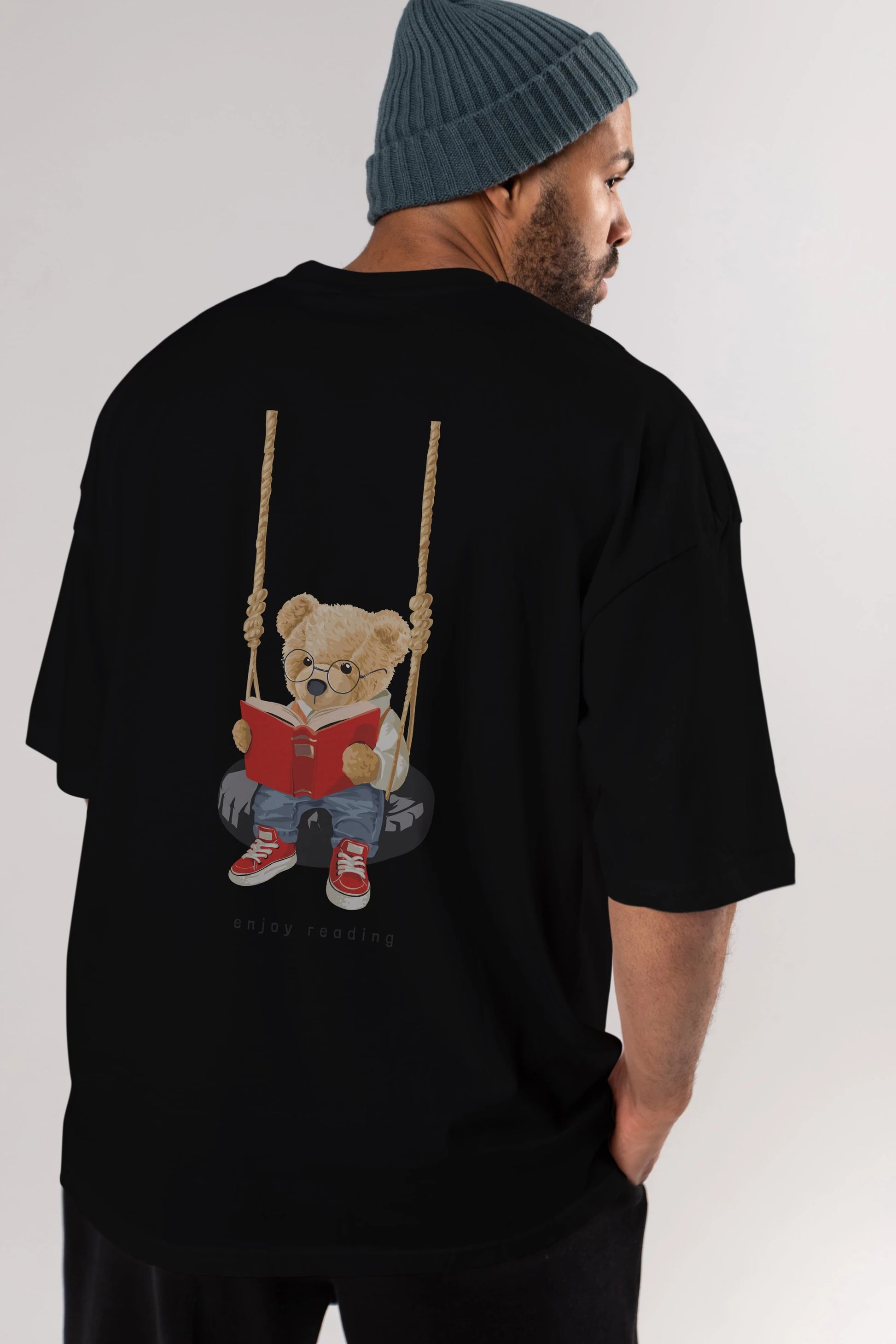 Teddy Bear Enjoy Reading Arka Baskılı Oversize t-shirt Erkek Kadın Unisex %100 Pamuk
