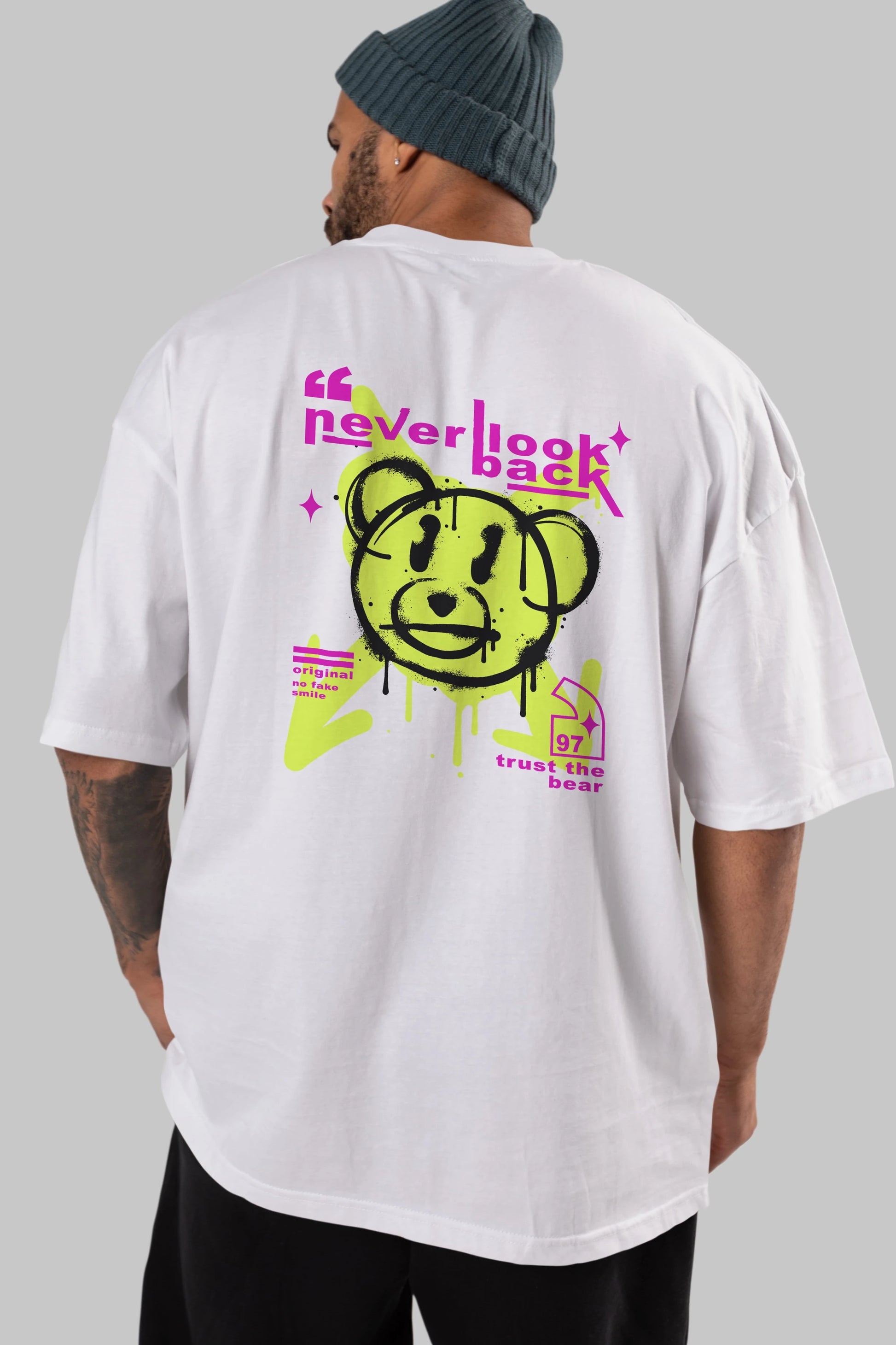 Never Look Back Bear Arka Baskılı Oversize t-shirt Erkek Kadın Unisex