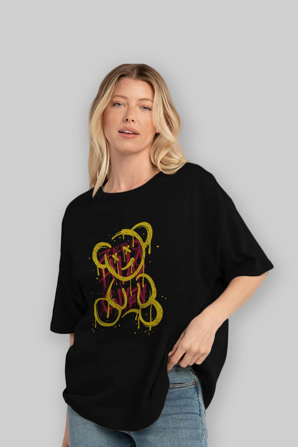 Zero Hug Bear Ön Baskılı Oversize t-shirt Erkek Kadın Unisex