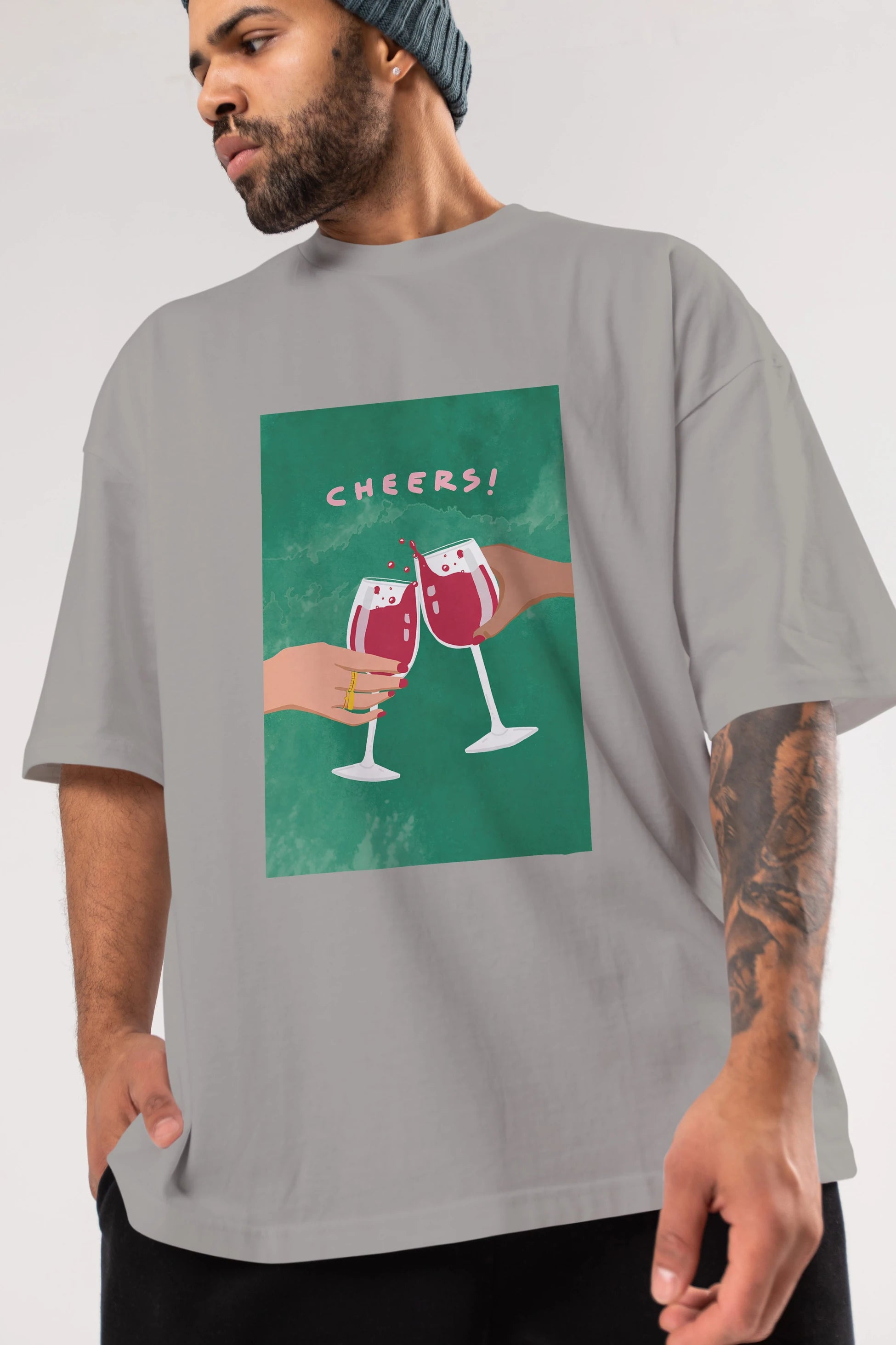 Cheers Ön Baskılı Oversize t-shirt Erkek Kadın Unisex %100 Pamuk Bisiklet Yaka tişort