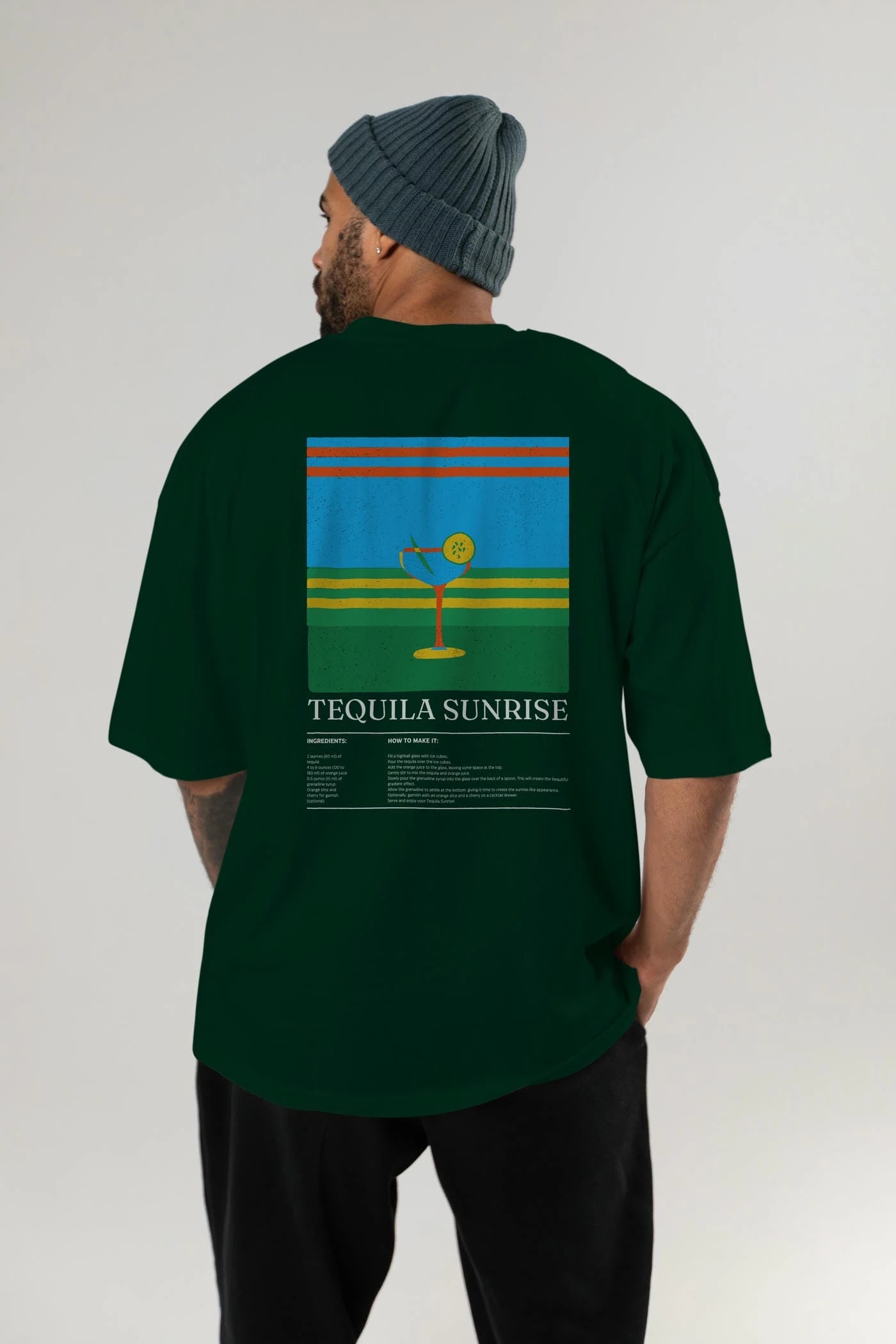 Tequila Sunrise Kokteyl Serisi Arka Baskılı Oversize t-shirt Erkek Kadın %100 Pamuk Bisiklet Yaka tişort