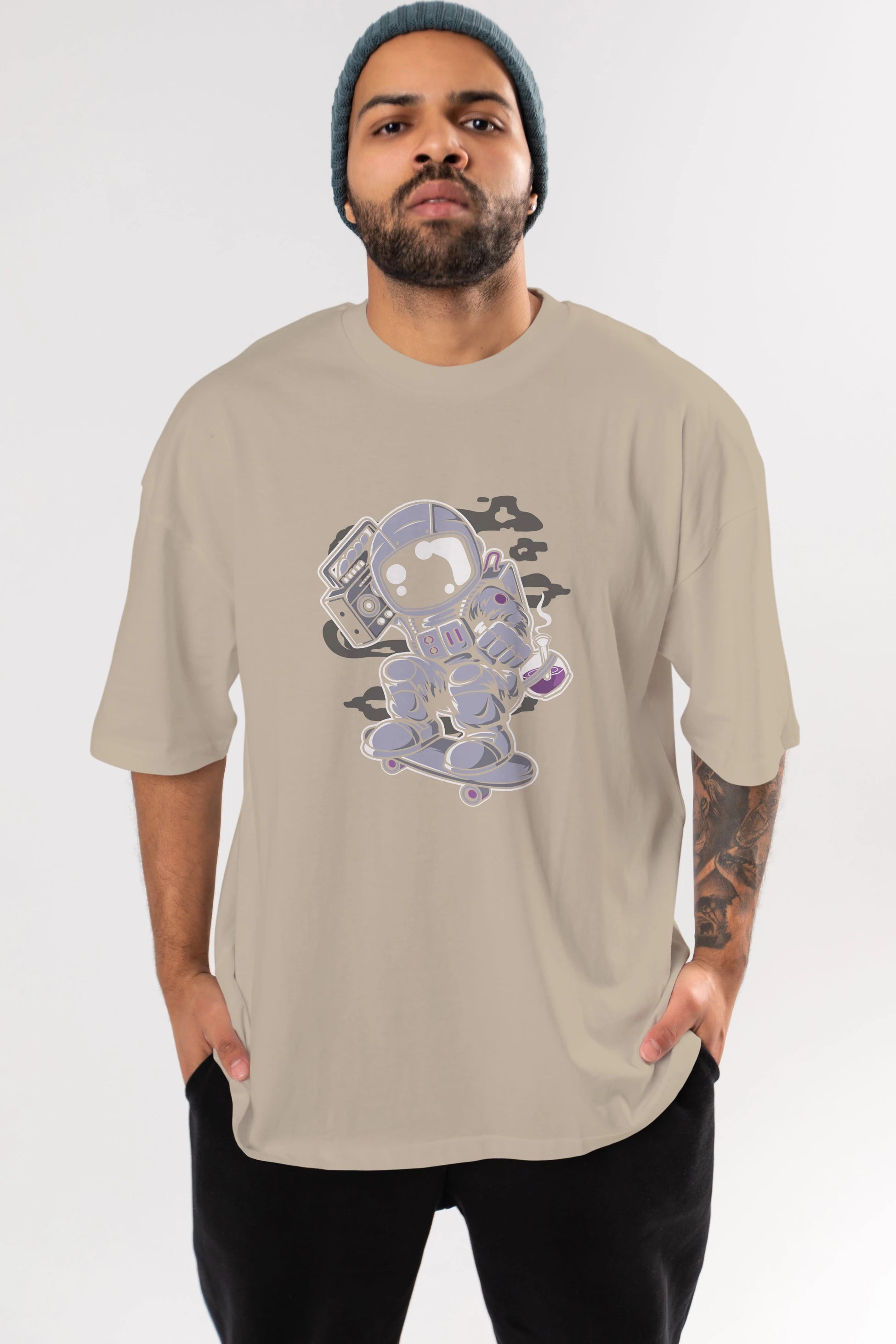 Astroanut Skater Boombox Ön Baskılı Oversize t-shirt Erkek Kadın Unisex