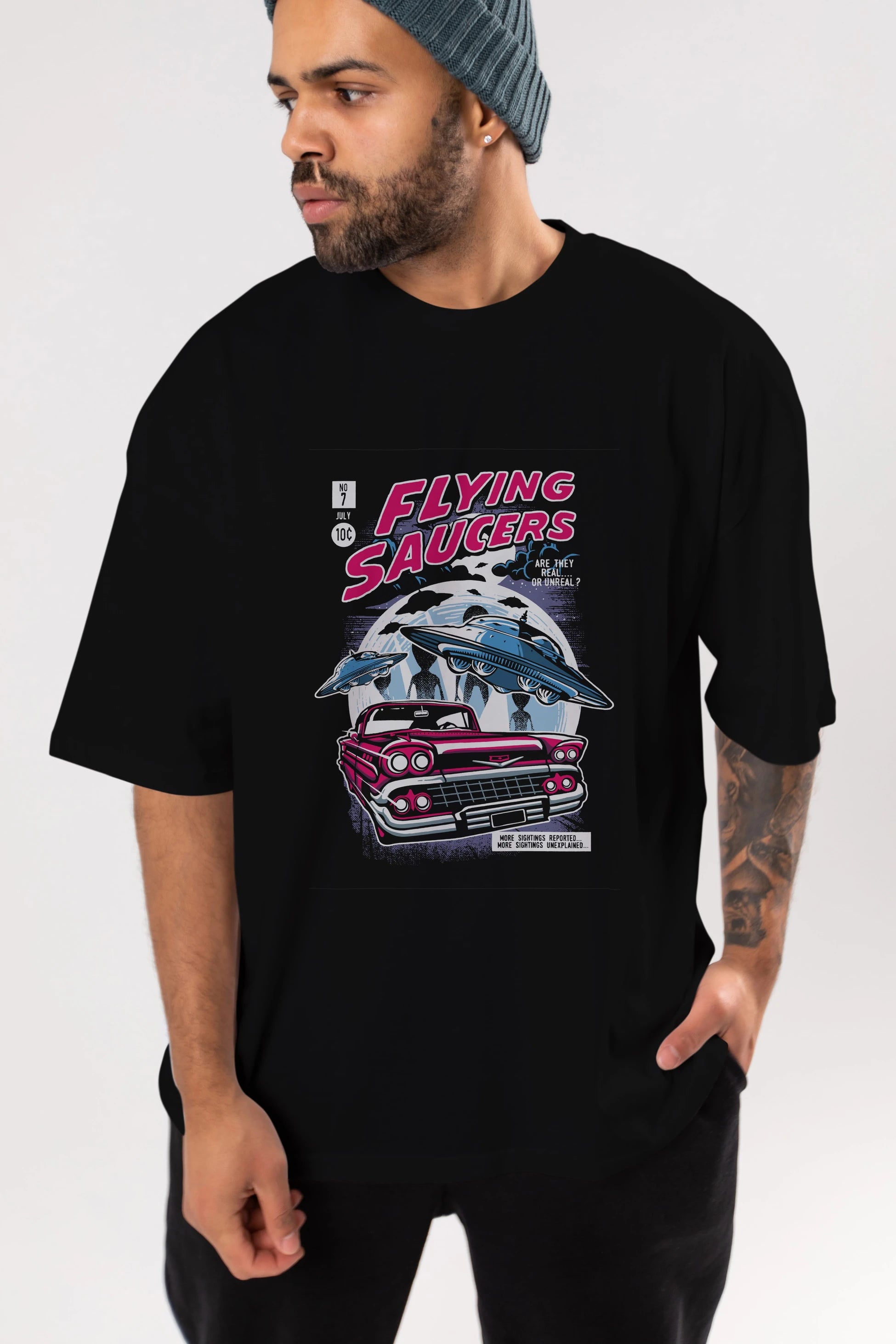 Flying Saucers Ön Baskılı Oversize t-shirt Erkek Kadın Unisex %100 Pamuk tişort