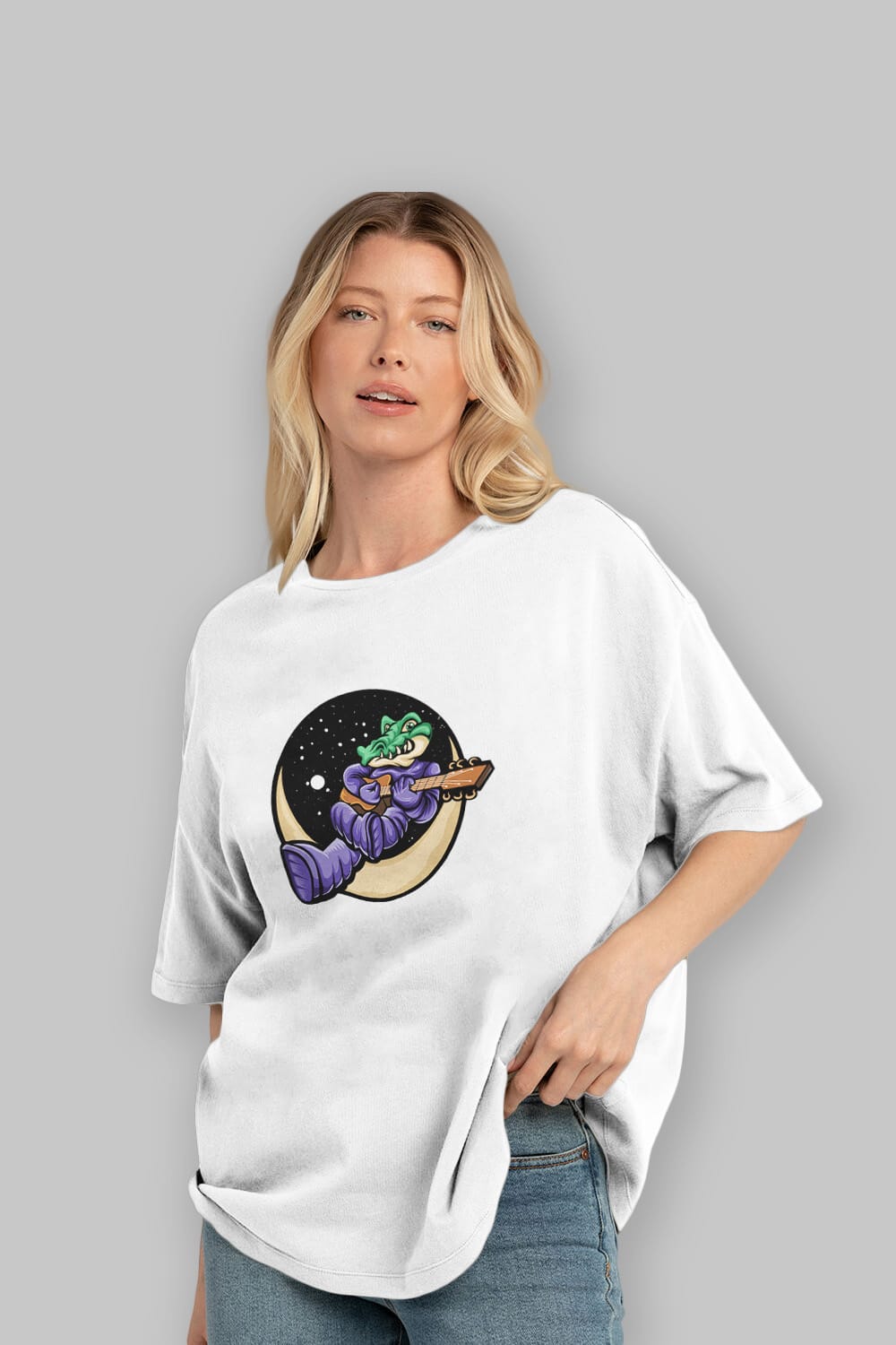 Space Crocodile Sticker Ön Baskılı Oversize t-shirt Erkek Kadın Unisex