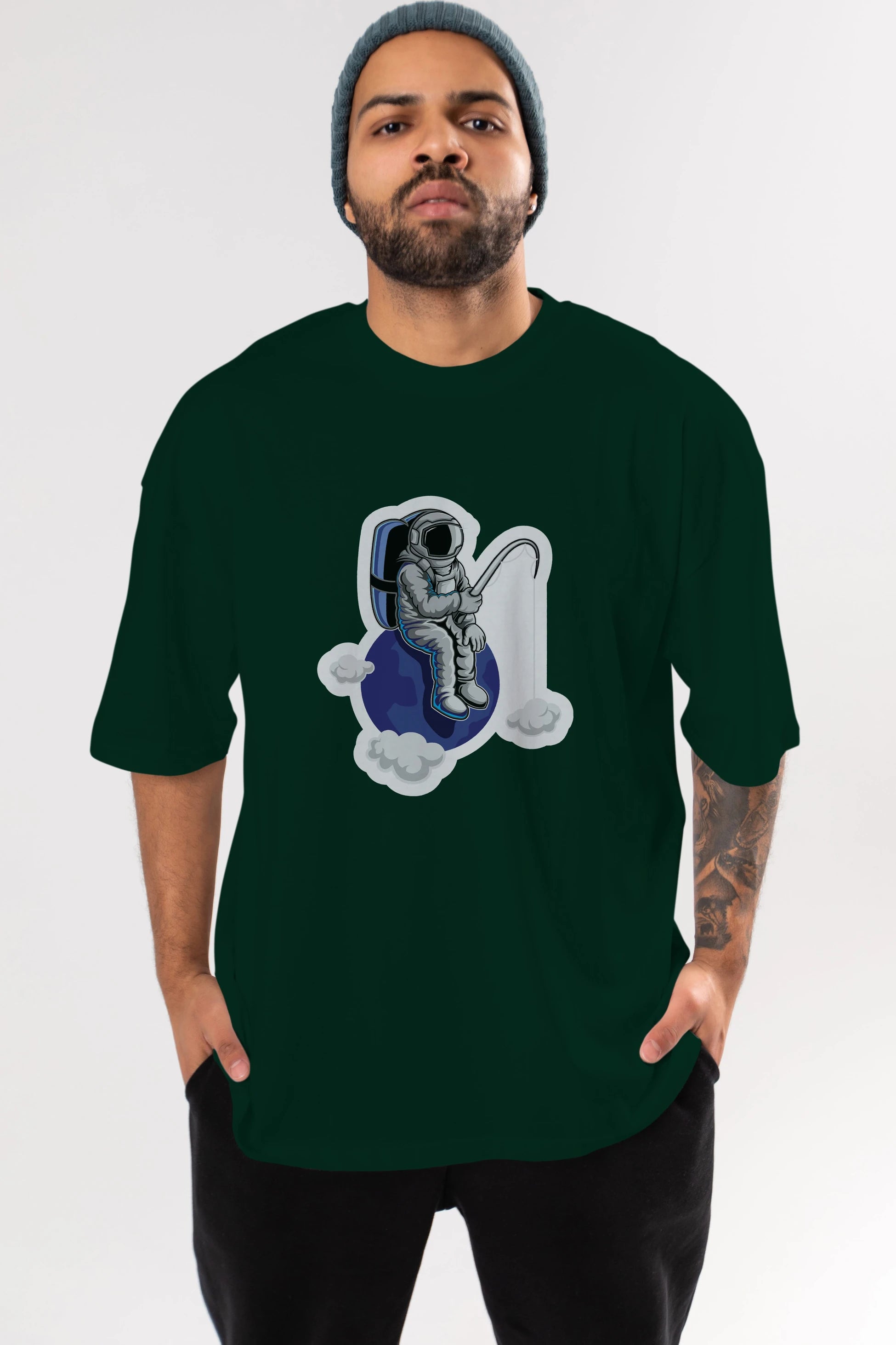 Astronaut Fishing Sticker Ön Baskılı Oversize t-shirt Erkek Kadın Unisex