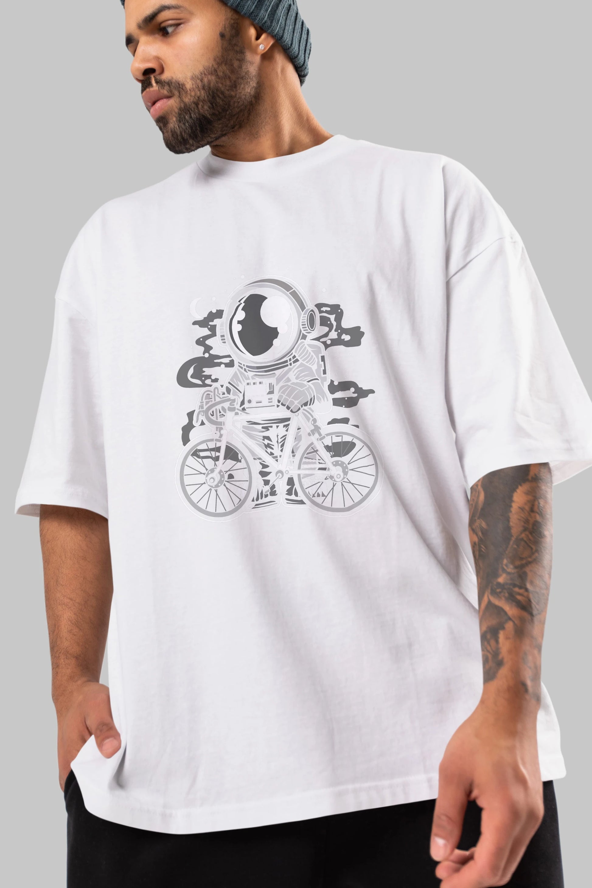 Bicycle Astronaut Ön Baskılı Oversize t-shirt Erkek Kadın Unisex