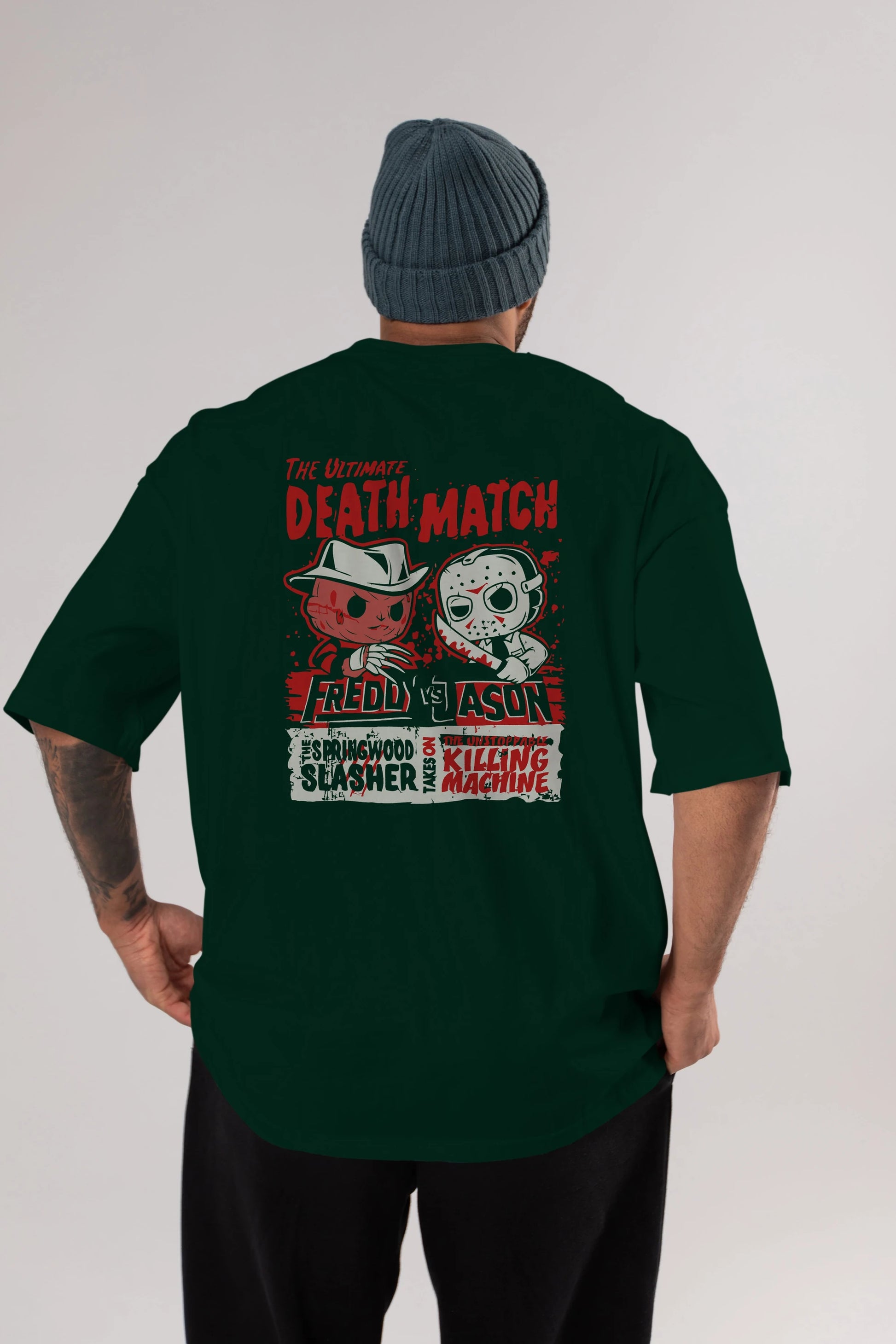 Freddy vs Jason Arka Baskılı Oversize t-shirt Erkek Kadın Unisex %100 Pamuk Bisiklet Yaka tişort
