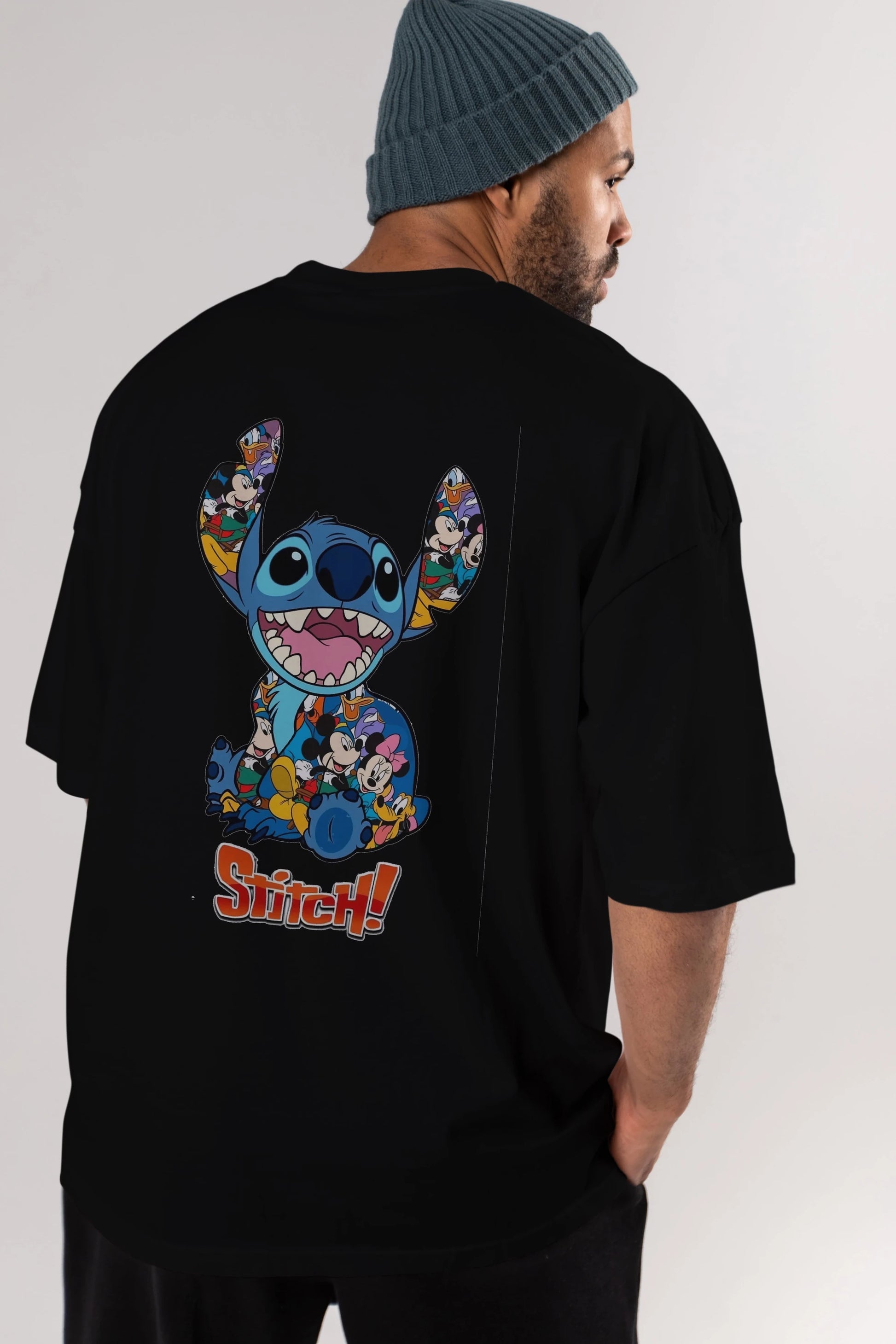 Stitch Arka Baskılı Oversize t-shirt Erkek Kadın Unisex %100 Pamuk Bisiklet Yaka tişort