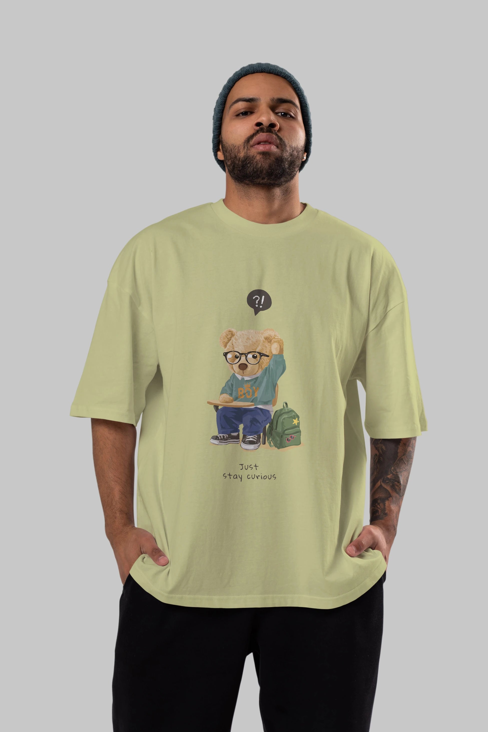 Teddy Bear Just Stay Curious Ön Baskılı Oversize t-shirt Erkek Kadın Unisex %100 Pamuk