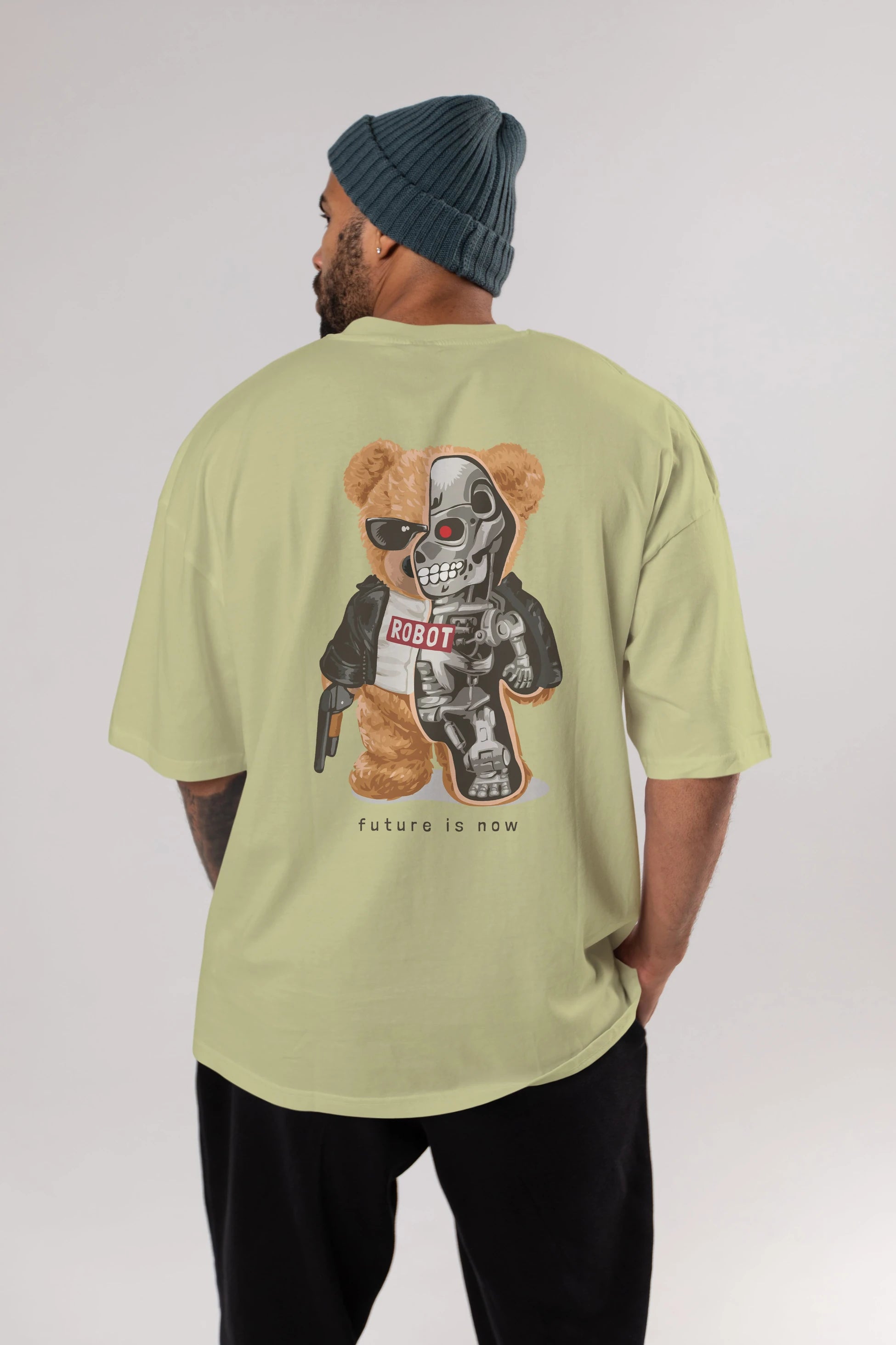 Teddy Bear Robot Arka Baskılı Oversize t-shirt Erkek Kadın Unisex %100 Pamuk