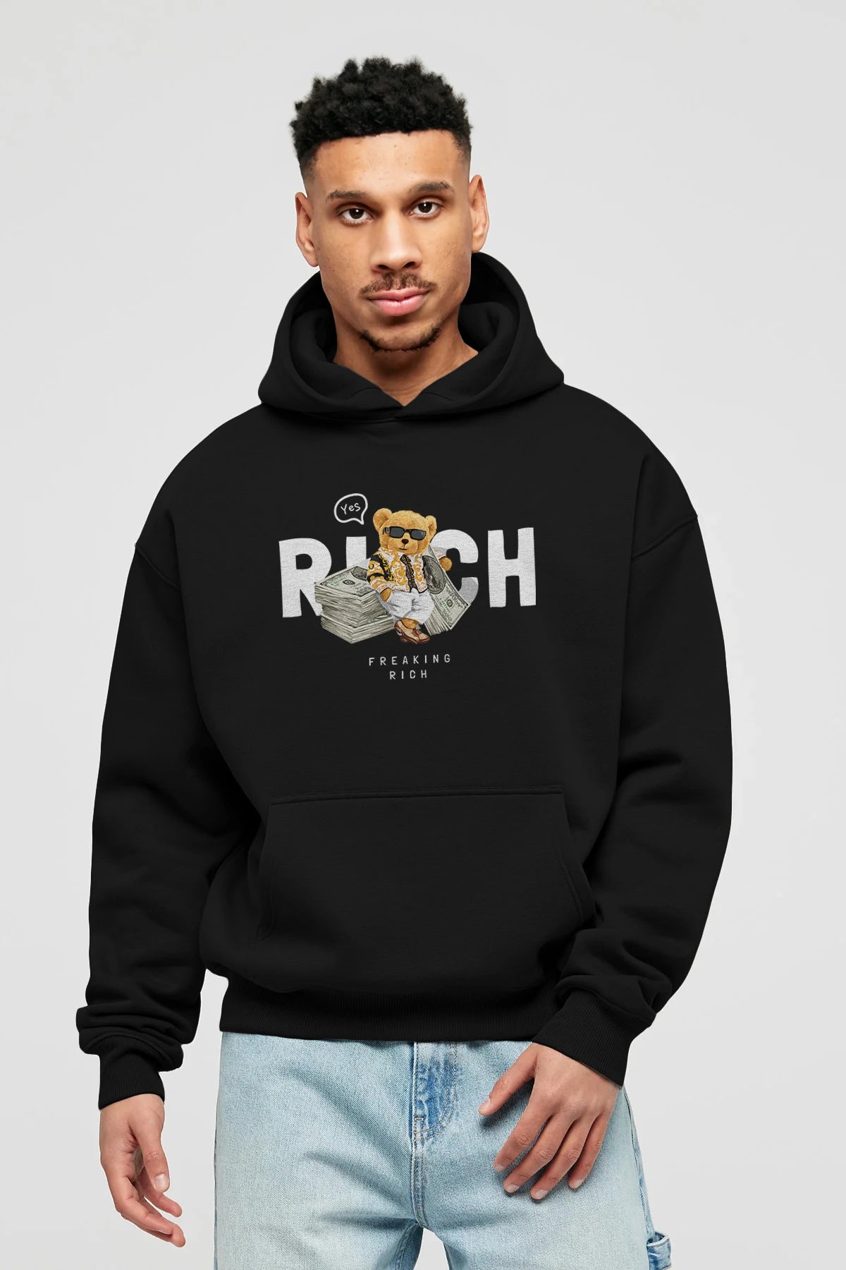 Teddy Bear Freakıng Rich Ön Baskılı Hoodie Oversize Kapüşonlu Sweatshirt Erkek Kadın Unisex