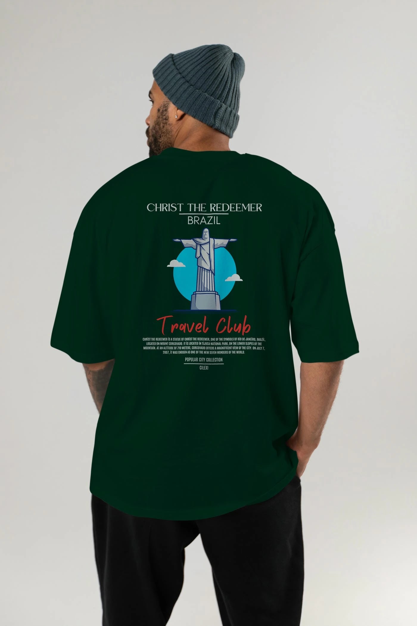 Christ The Redeemer Brazil Arka Baskılı Oversize t-shirt Erkek Kadın Pamuk Bisiklet Yaka tişort