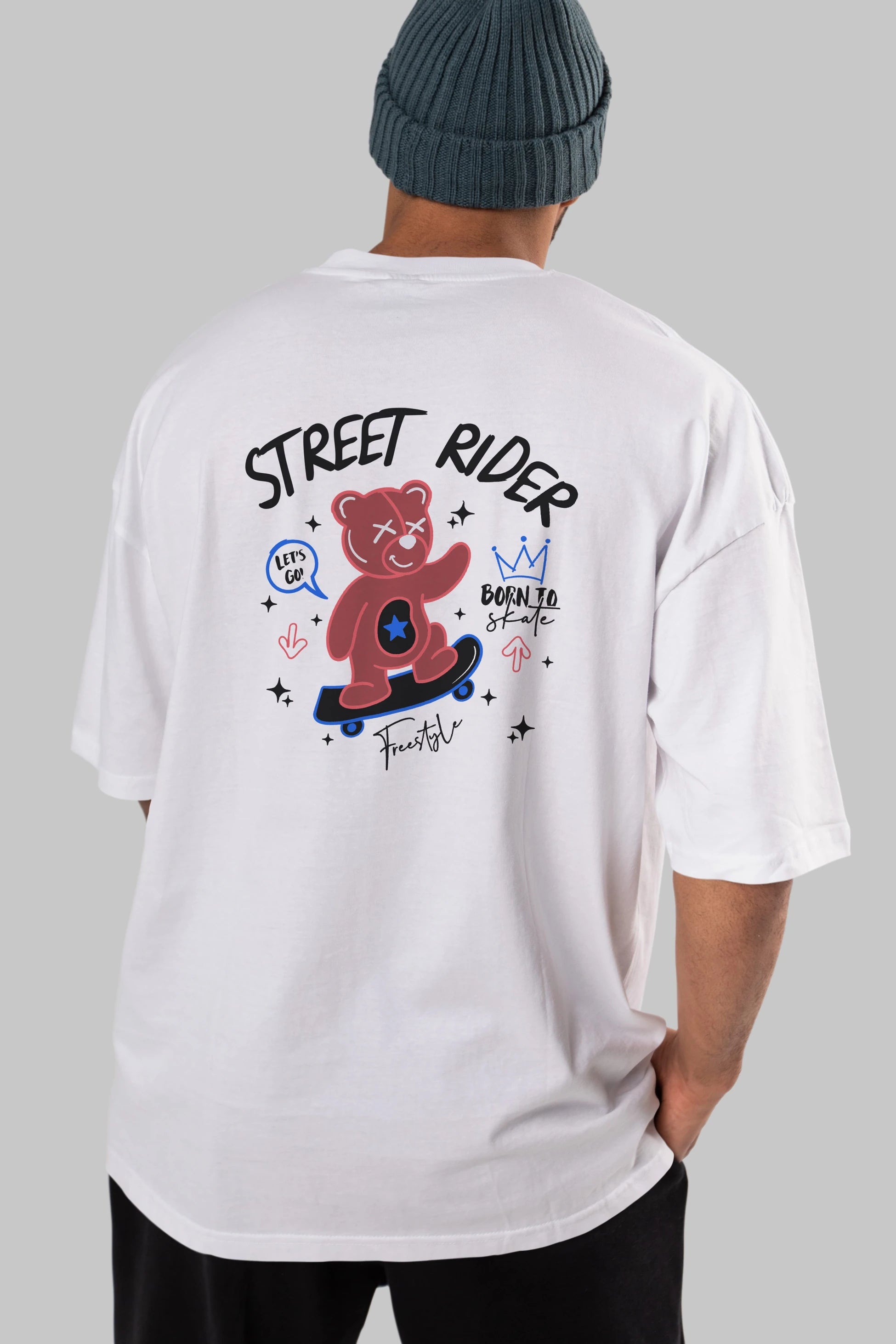 Street Rider Bear Arka Baskılı Oversize t-shirt Erkek Kadın Unisex