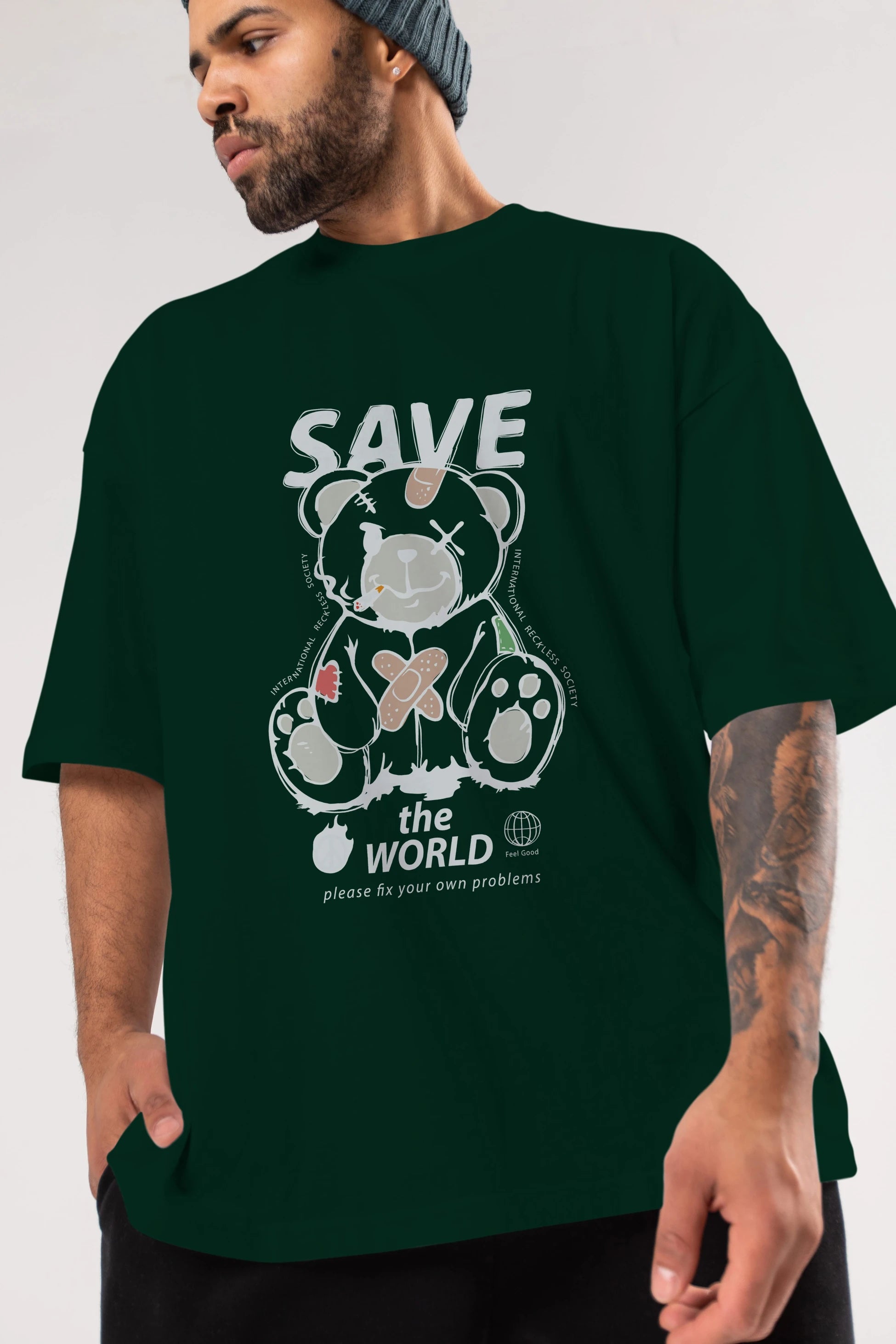 Save the World Bear Ön Baskılı Oversize t-shirt Erkek Kadın Unisex