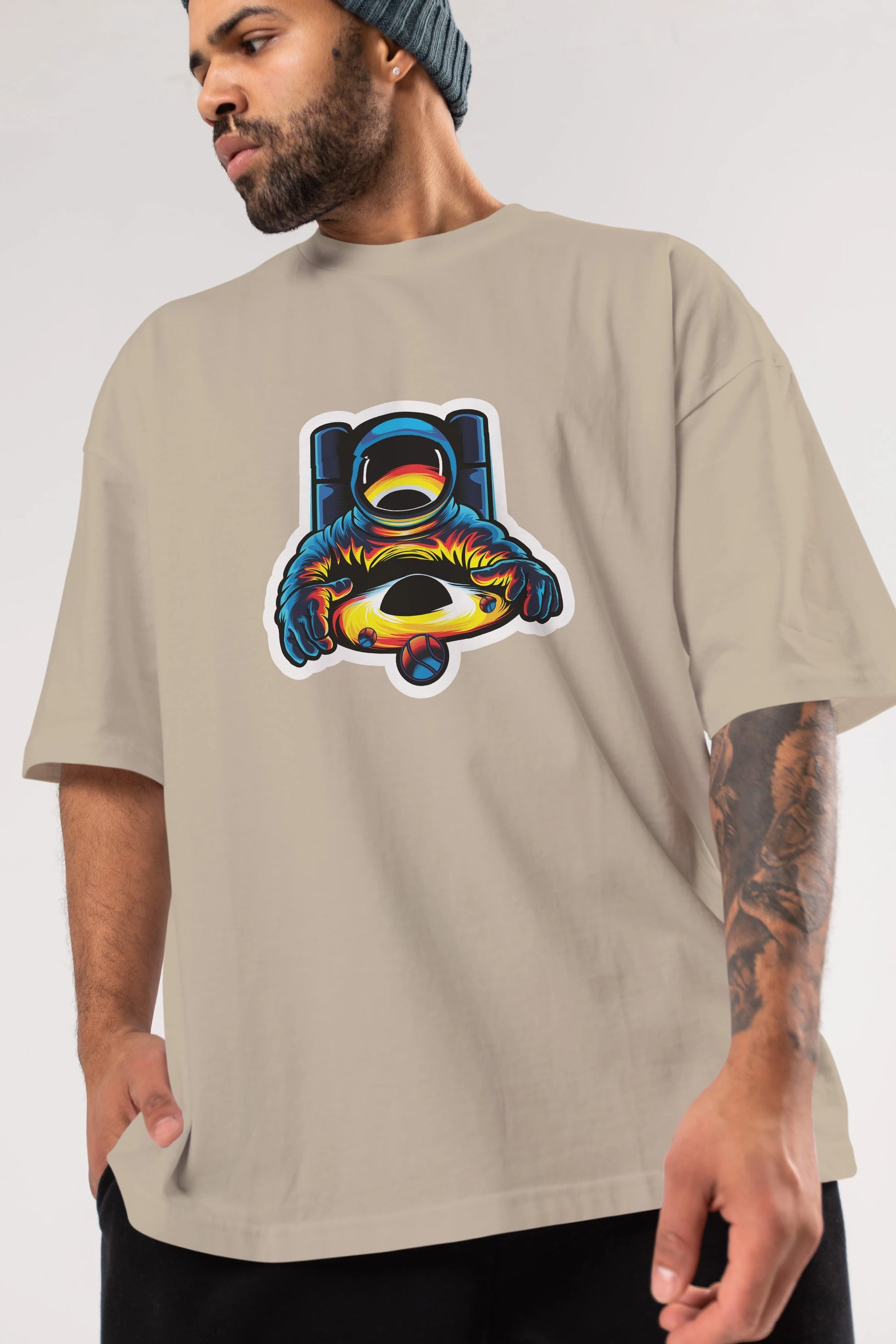 Astronaut & Black Hole Sticker Ön Baskılı Oversize t-shirt Erkek Kadın Unisex