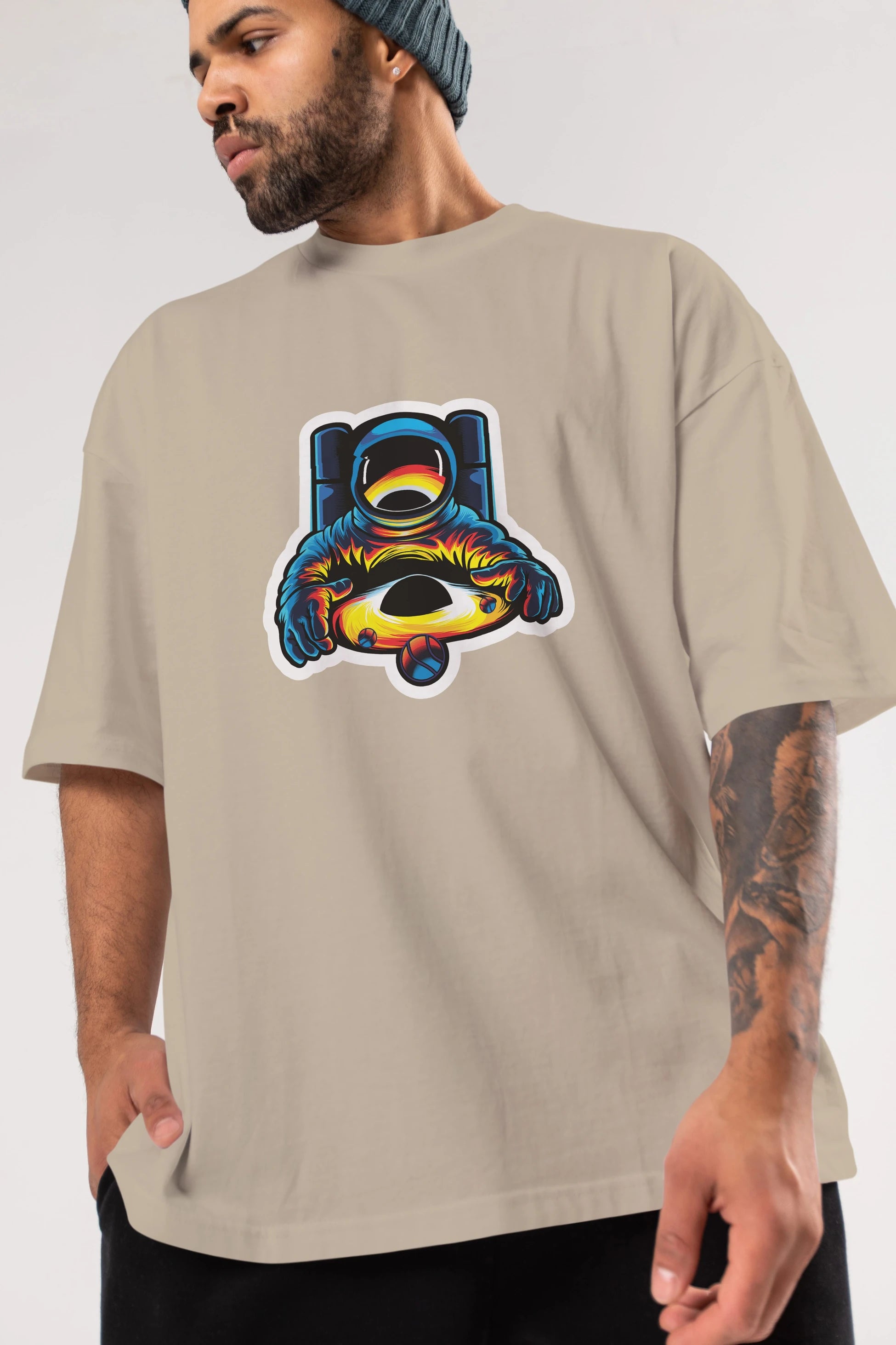 Astronaut & Black Hole Sticker Ön Baskılı Oversize t-shirt Erkek Kadın Unisex