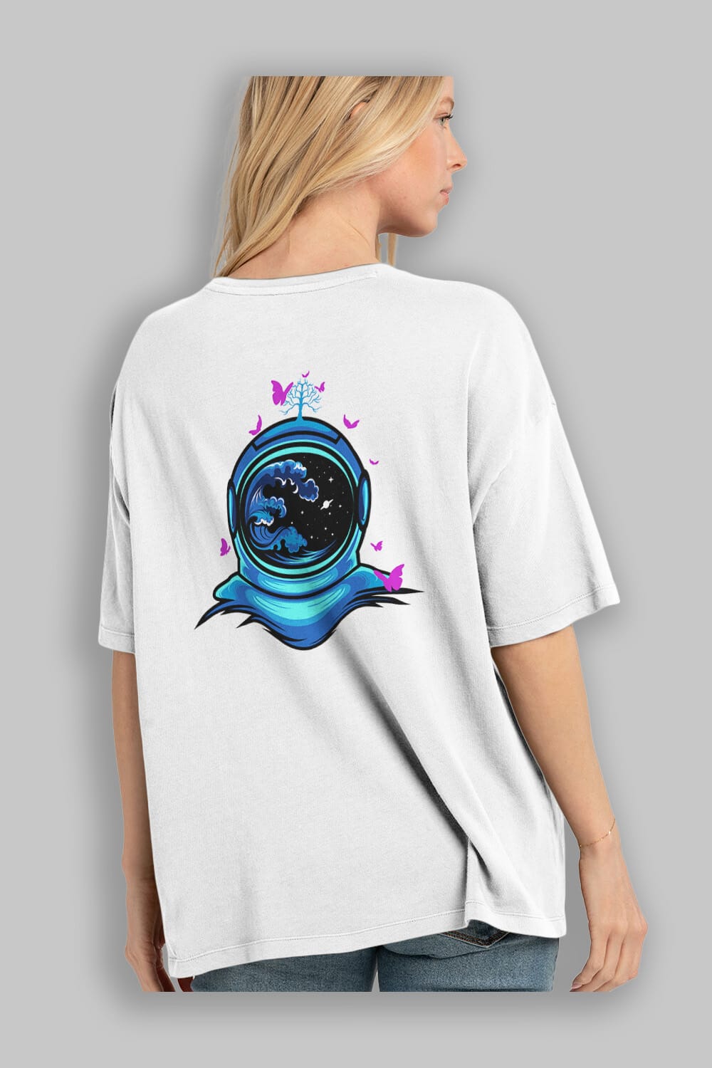 Astronaut and Butterfly Sticker Arka Baskılı Oversize t-shirt Erkek Kadın Unisex