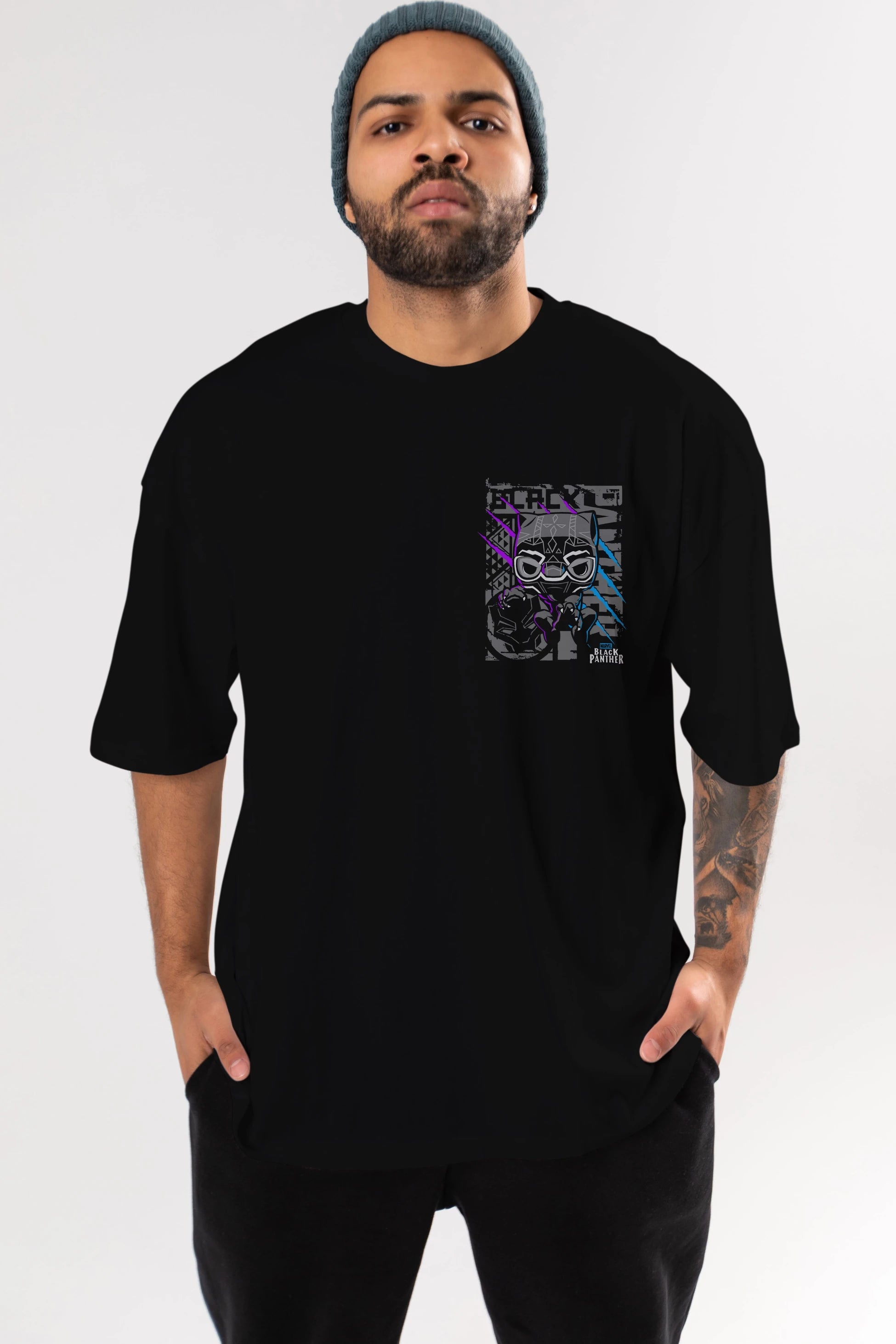 Black Panther Ön Sol Baskılı Oversize t-shirt Erkek Kadın Unisex %100 Pamuk Bisiklet Yaka tişort