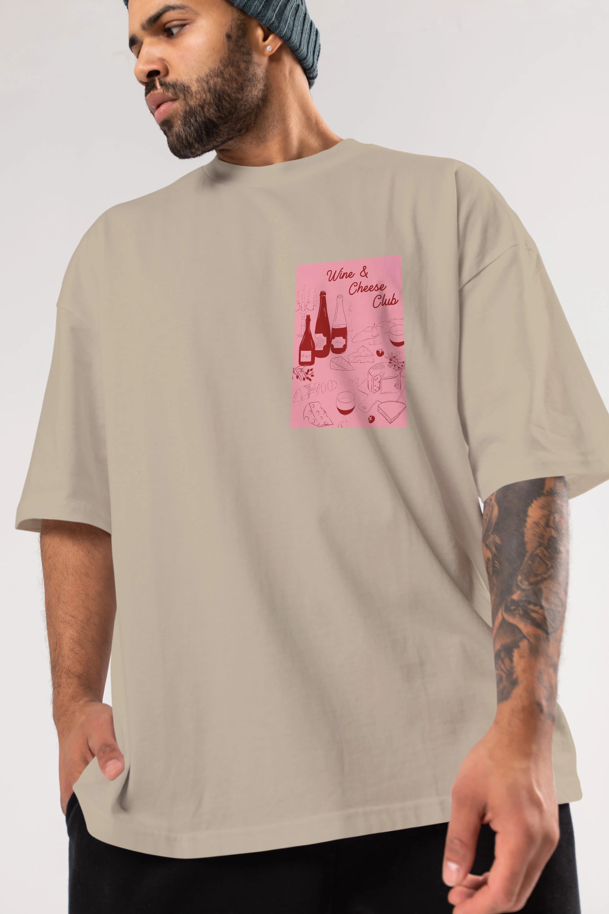Wine Cheese Club Ön Sol Baskılı Oversize t-shirt Erkek Kadın Unisex %100 Pamuk Bisiklet Yaka tişort