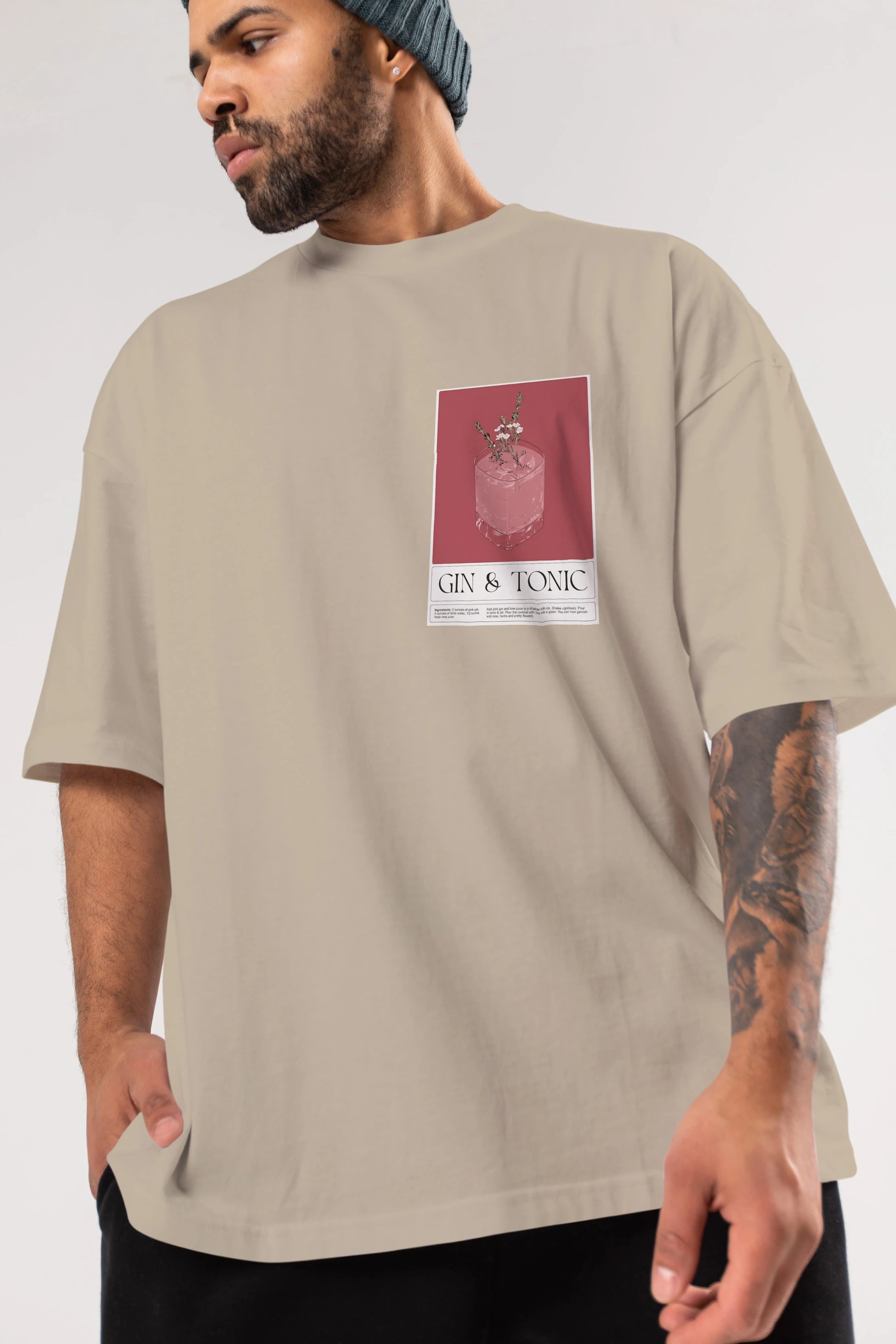 Gin Tonic 4 Ön Sol Baskılı Oversize t-shirt Erkek Kadın Unisex %100 Pamuk Bisiklet Yaka tişort