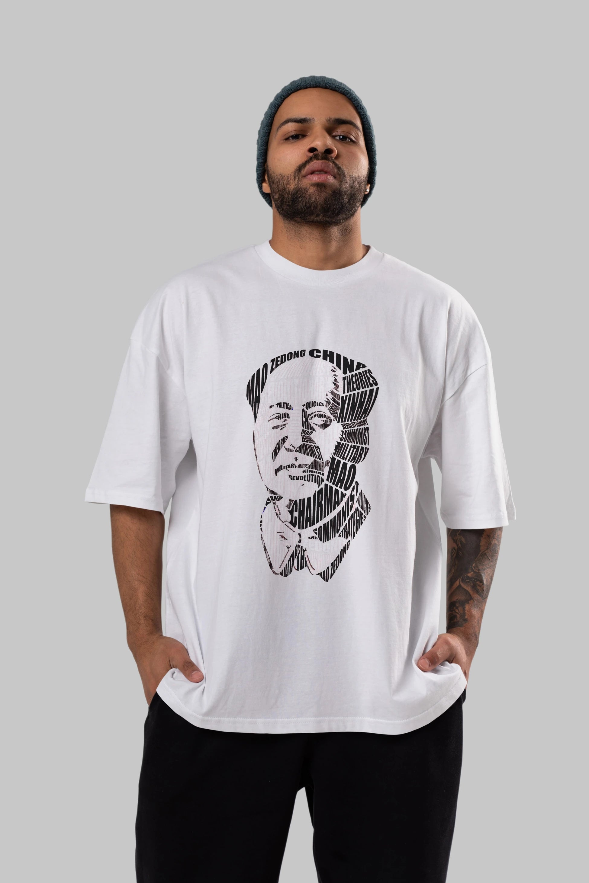Mao Zedong Calligram Ön Baskılı Oversize t-shirt %100 pamuk Erkek Kadın Unisex