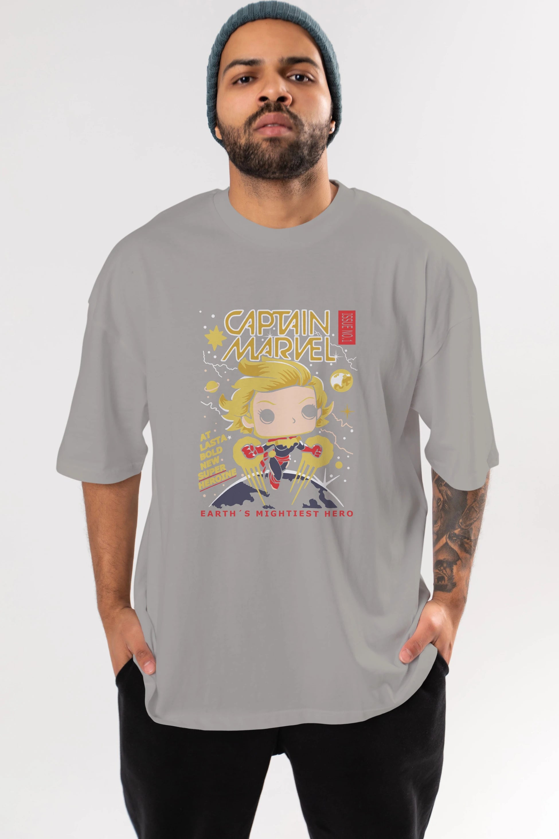 Captain Marvel Ön Baskılı Oversize t-shirt Erkek Kadın Unisex %100 Pamuk Bisiklet Yaka tişort