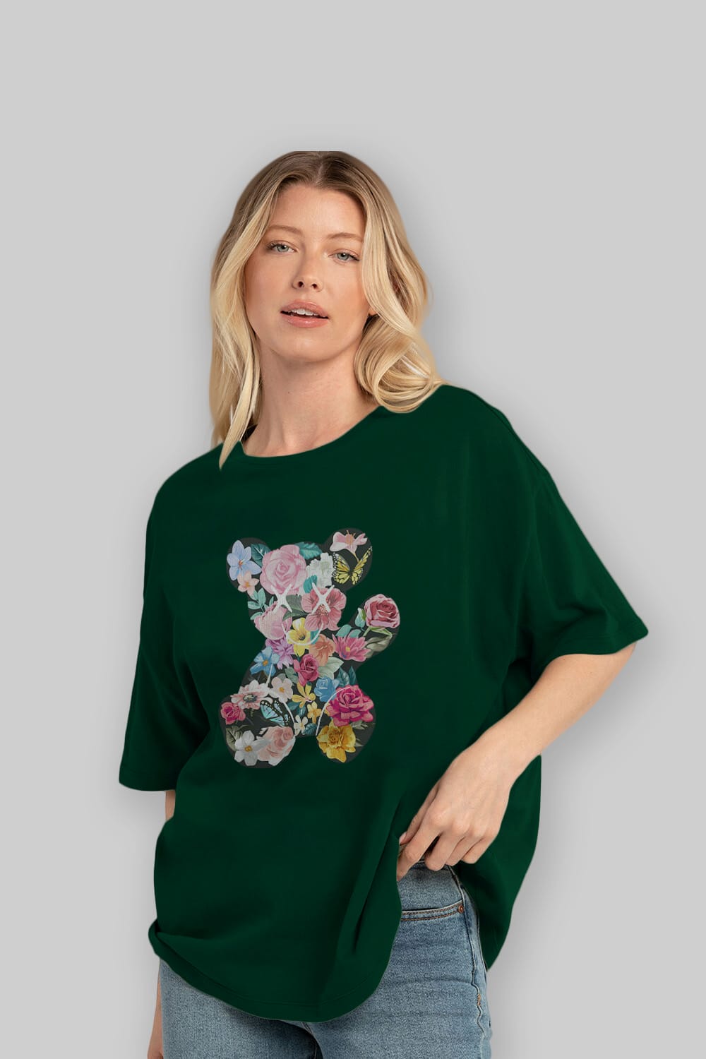 Flowers Bear Ön Baskılı Oversize t-shirt Erkek Kadın Unisex