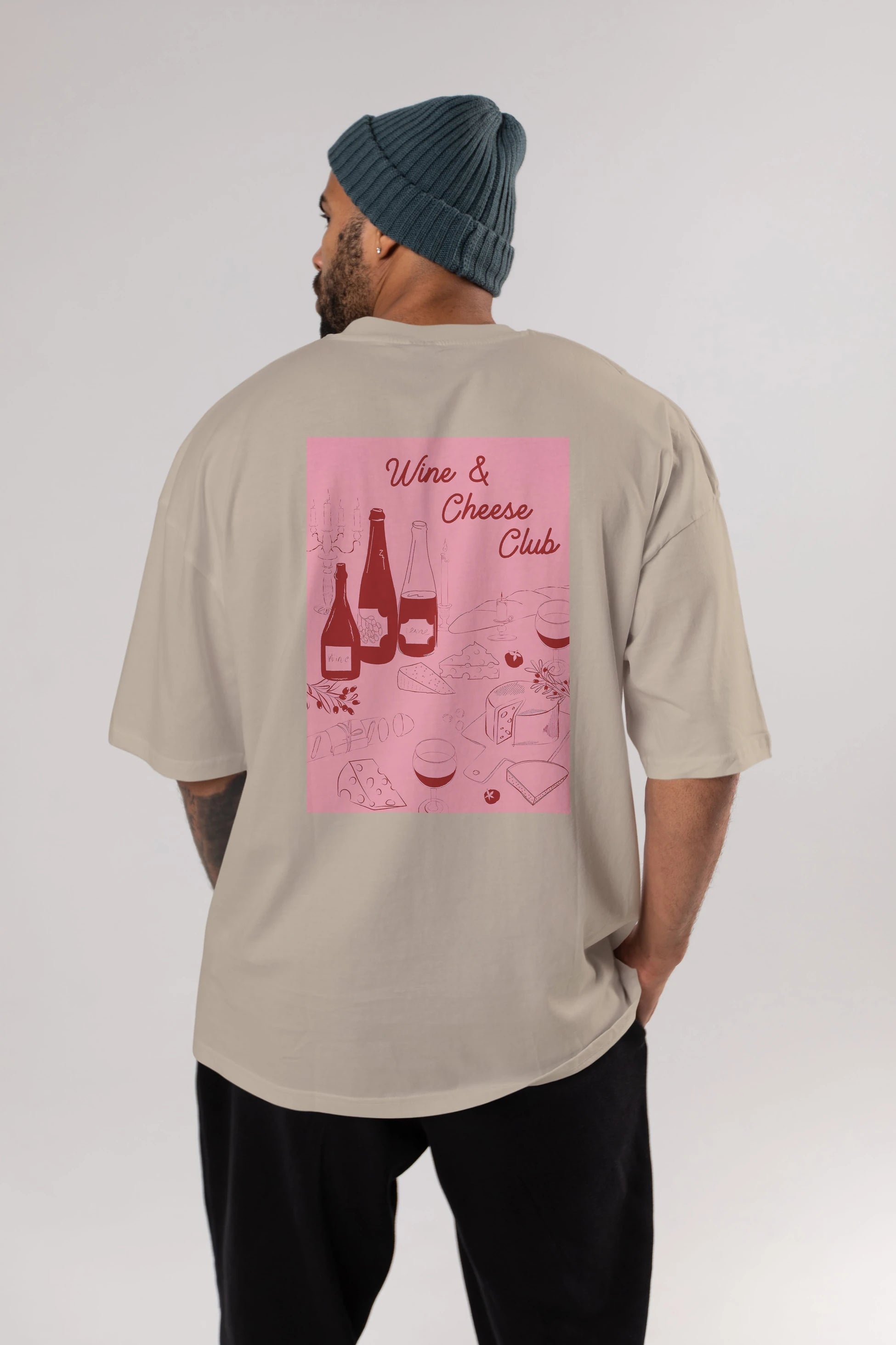 Wine Cheese Club Arka Baskılı Oversize t-shirt Erkek Kadın Unisex %100 Pamuk Bisiklet Yaka tişort