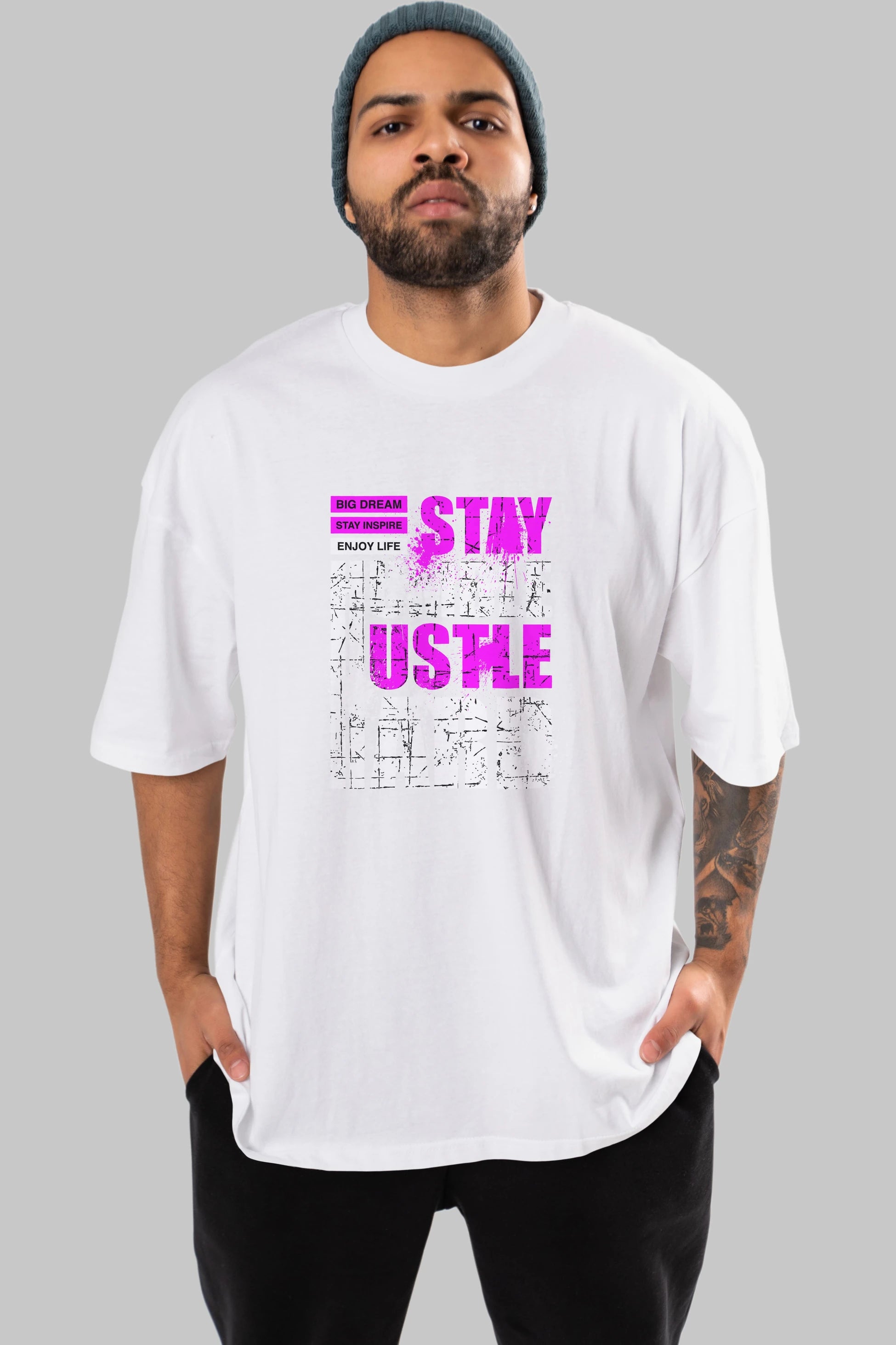 Stay Hustle Ön Baskılı Oversize t-shirt Erkek Kadın Unisex