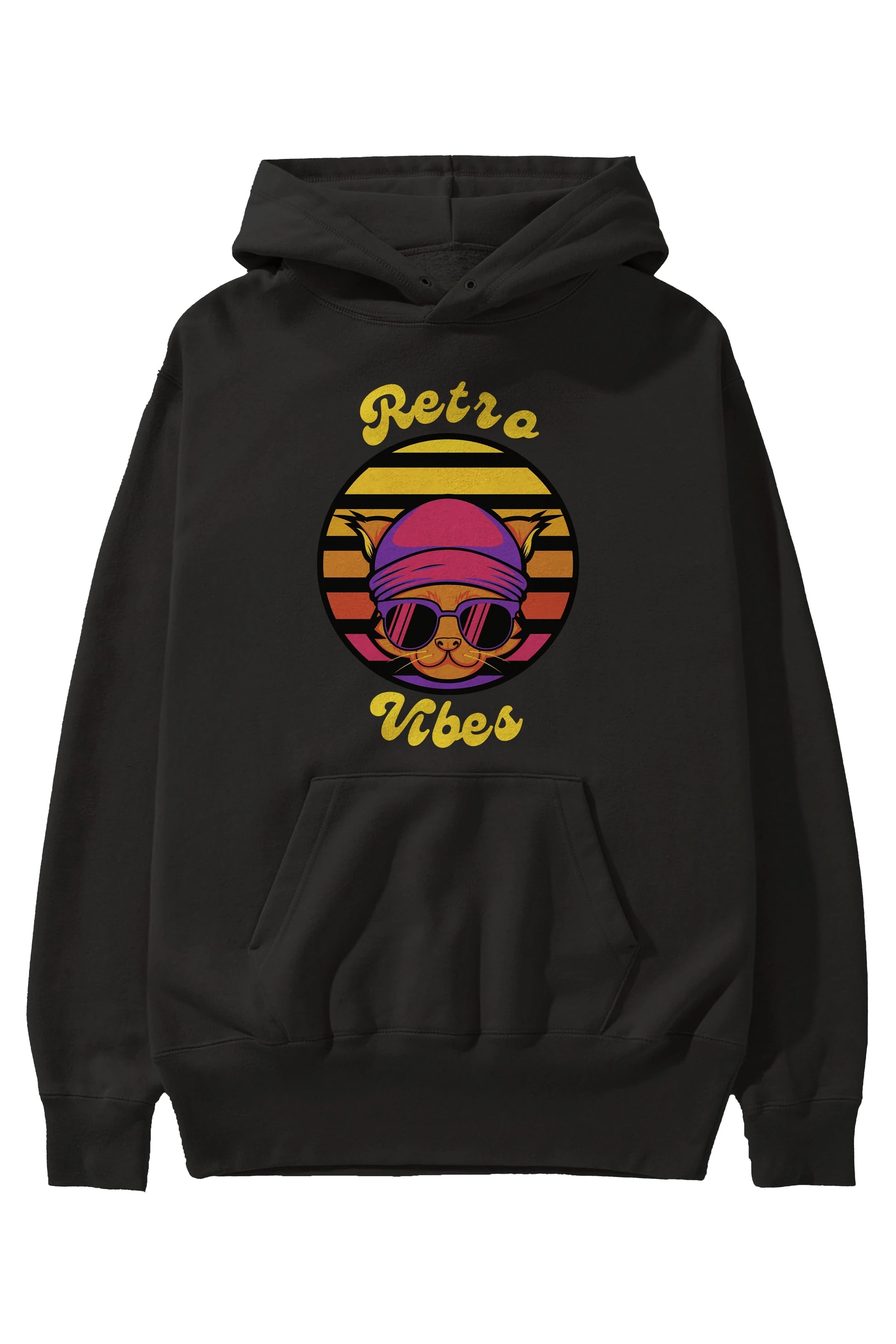 Cat Retro Vibes Ön Baskılı Oversize Hoodie Kapüşonlu Sweatshirt Erkek Kadın Unisex