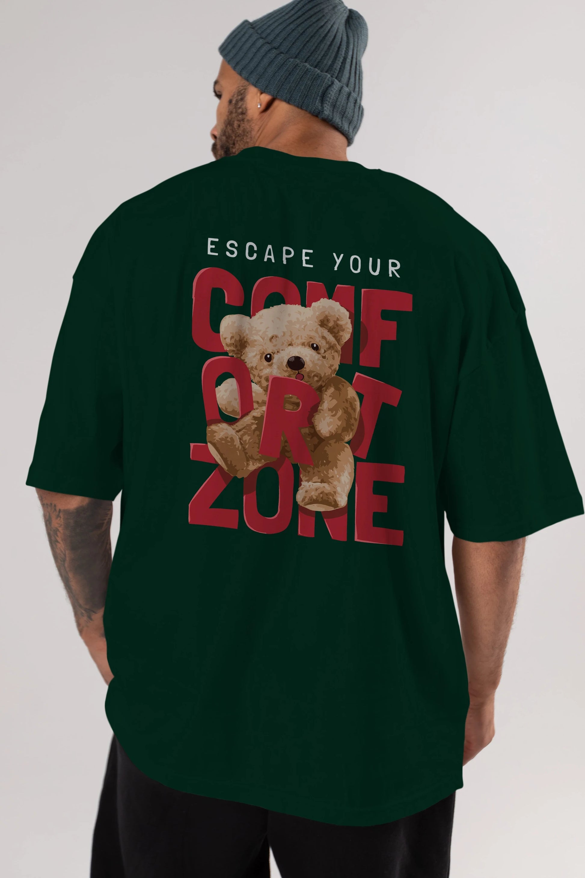 Teddy Bear Escape Comfort Zone Arka Baskılı Oversize t-shirt Erkek Kadın Unisex %100 Pamuk