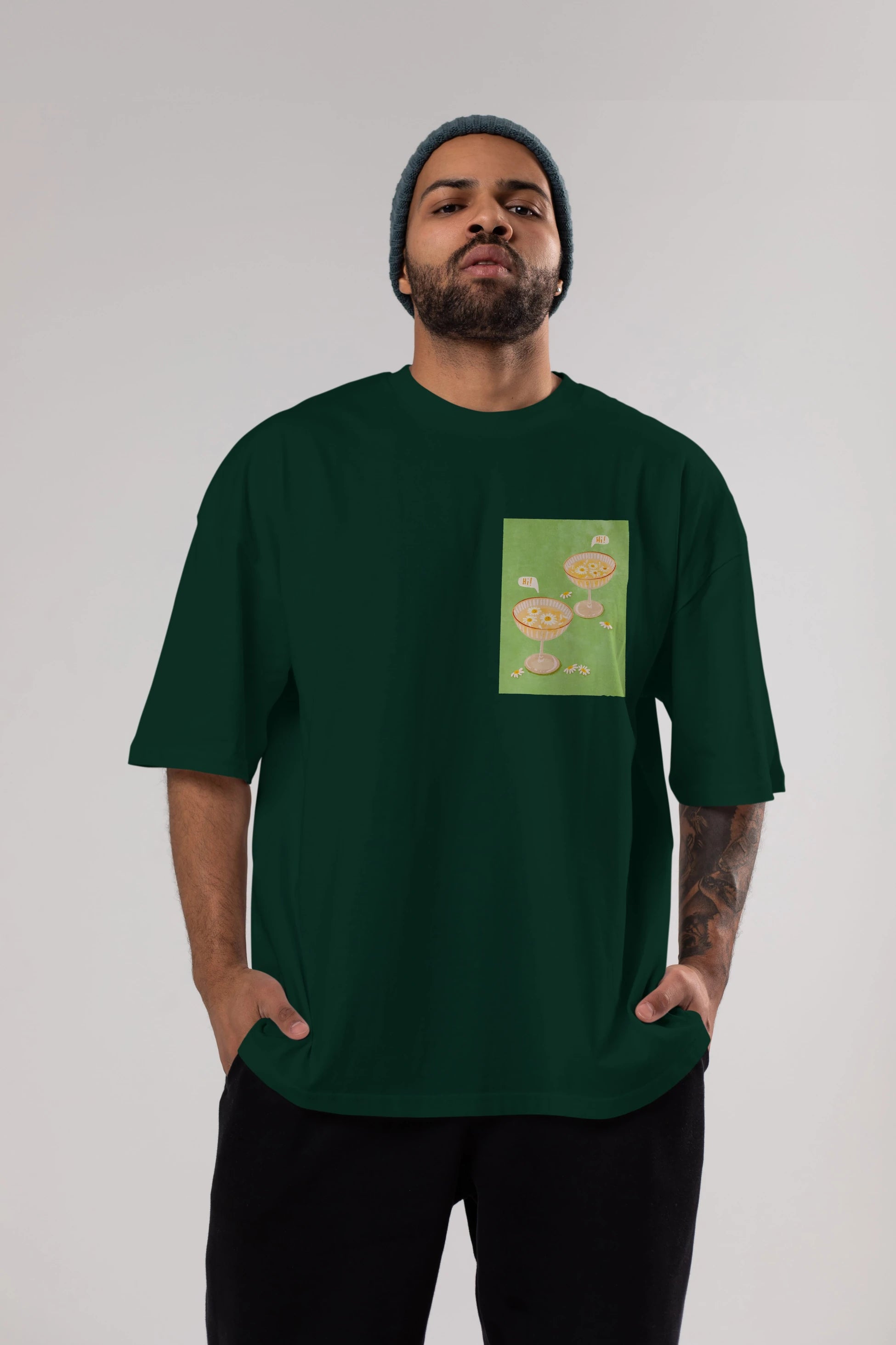 Hi Cheers Ön Sol Baskılı Oversize t-shirt Erkek Kadın Unisex %100 Pamuk Bisiklet Yaka tişort