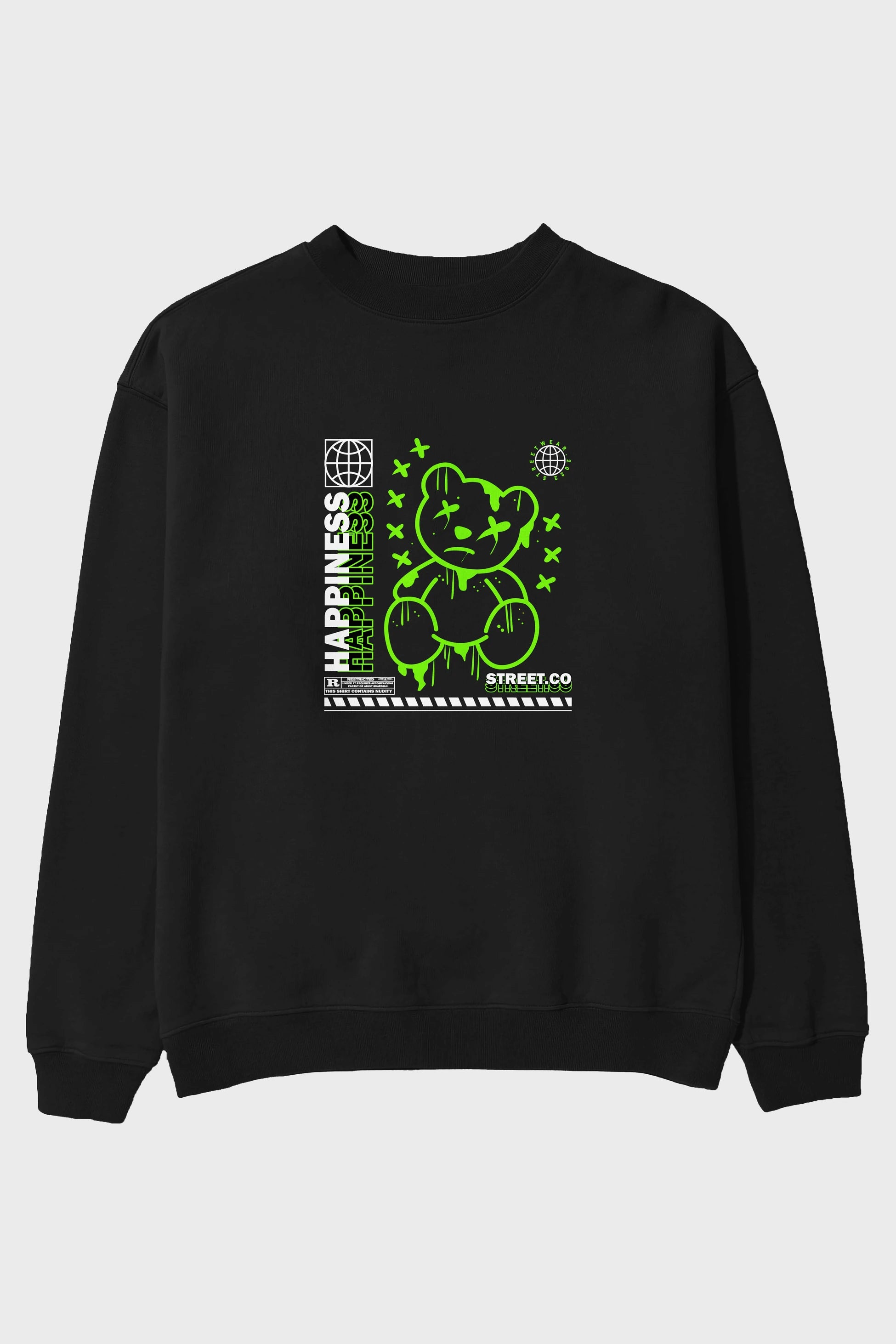 Happiness Bear 3 Ön Baskılı Oversize Sweatshirt Erkek Kadın Unisex