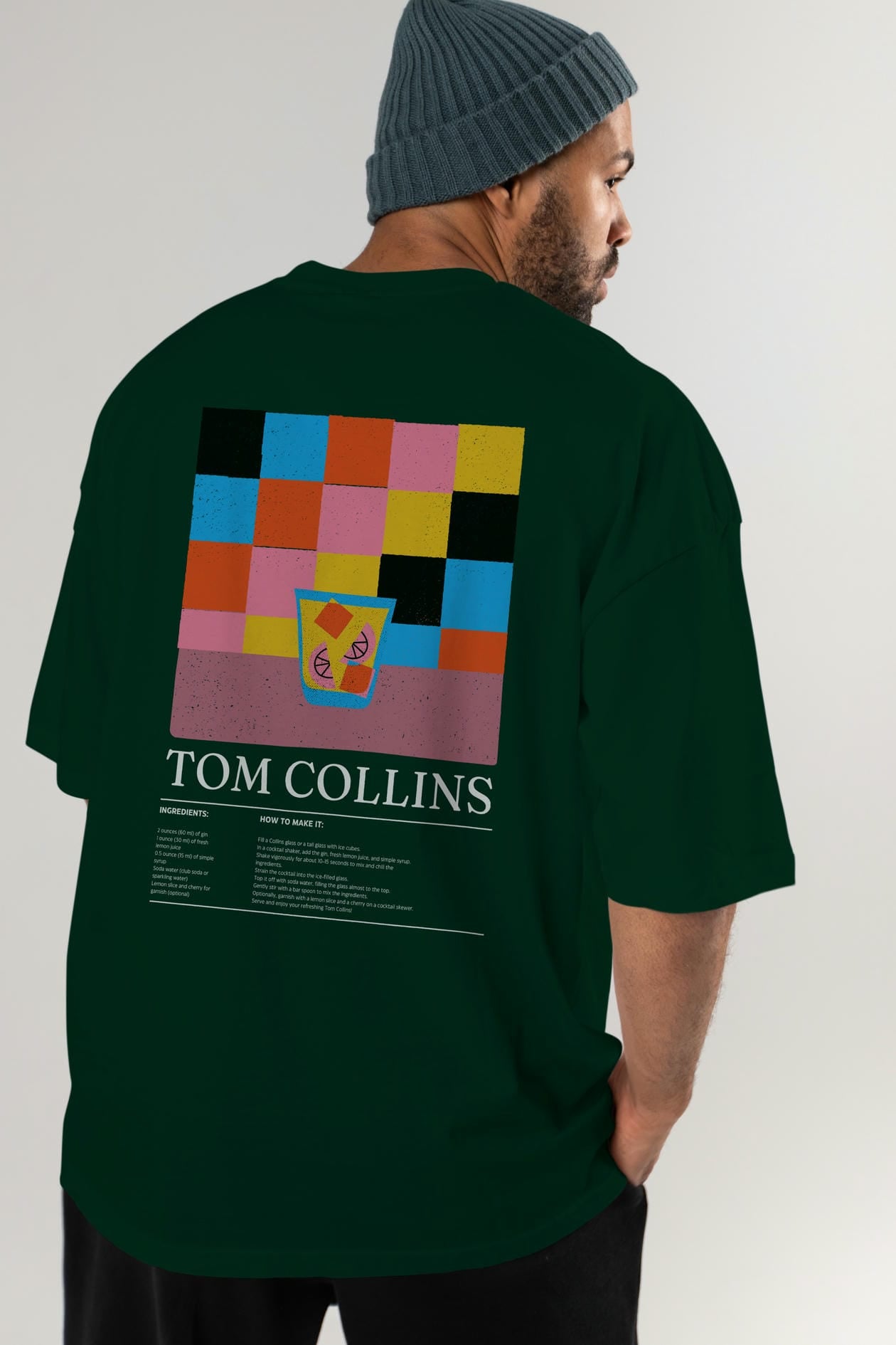 Tom Collins Kokteyl Serisi Arka Baskılı Oversize t-shirt Erkek Kadın %100 Pamuk Bisiklet Yaka tişort