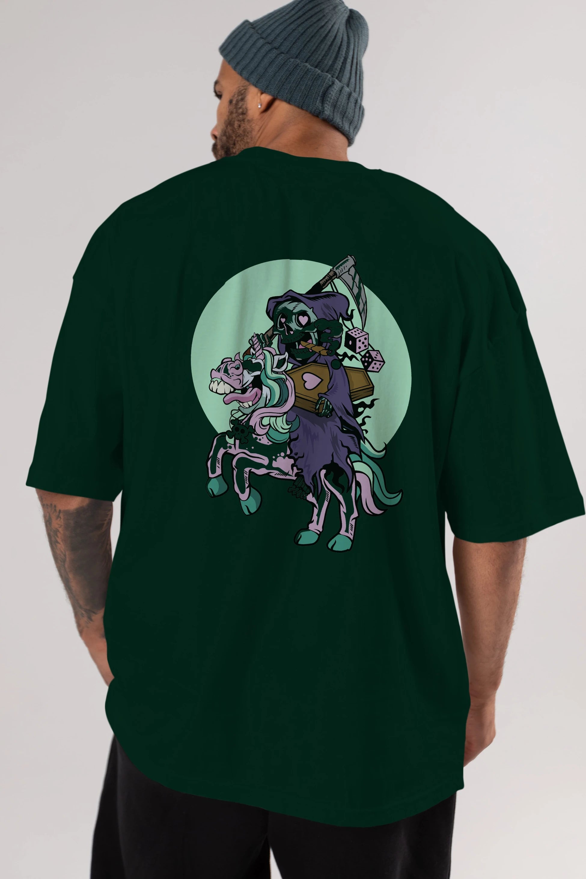 Grim Reaper Riding Unicorn Arka Baskılı Oversize t-shirt Erkek Kadın Unisex %100 Pamuk tişort