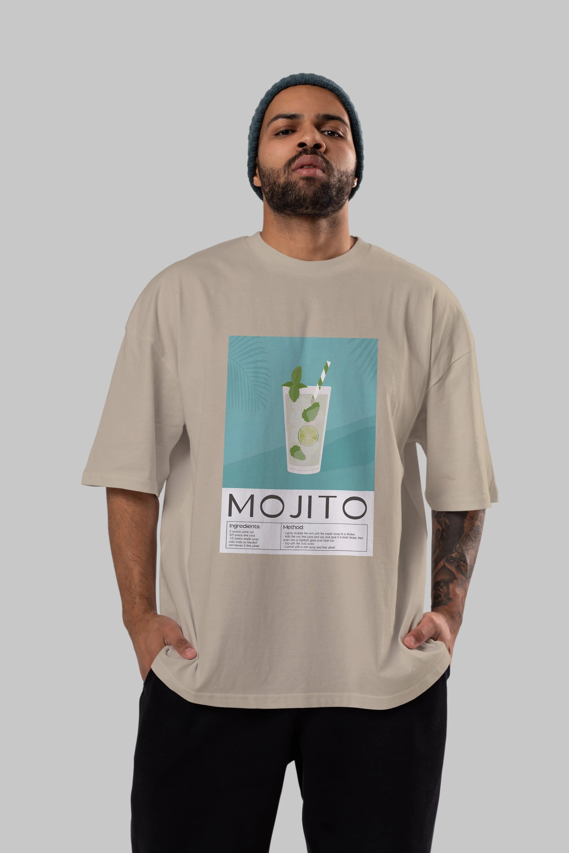 Mojito 4 Ön Baskılı Oversize t-shirt Erkek Kadın Unisex %100 Pamuk Bisiklet Yaka tişort