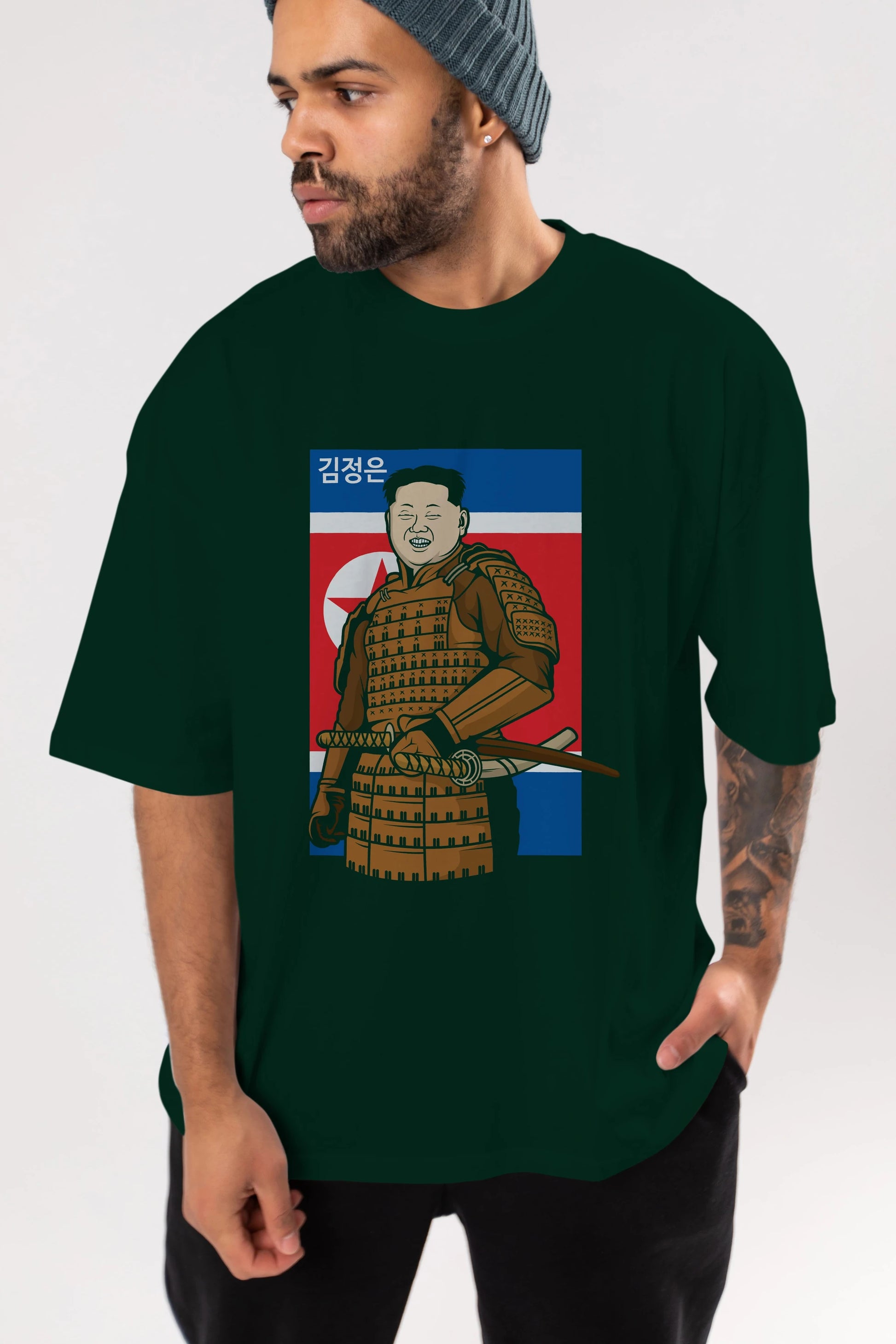 Samurai Jong Un Ön Baskılı Oversize t-shirt Erkek Kadın Unisex %100 Pamuk tişort