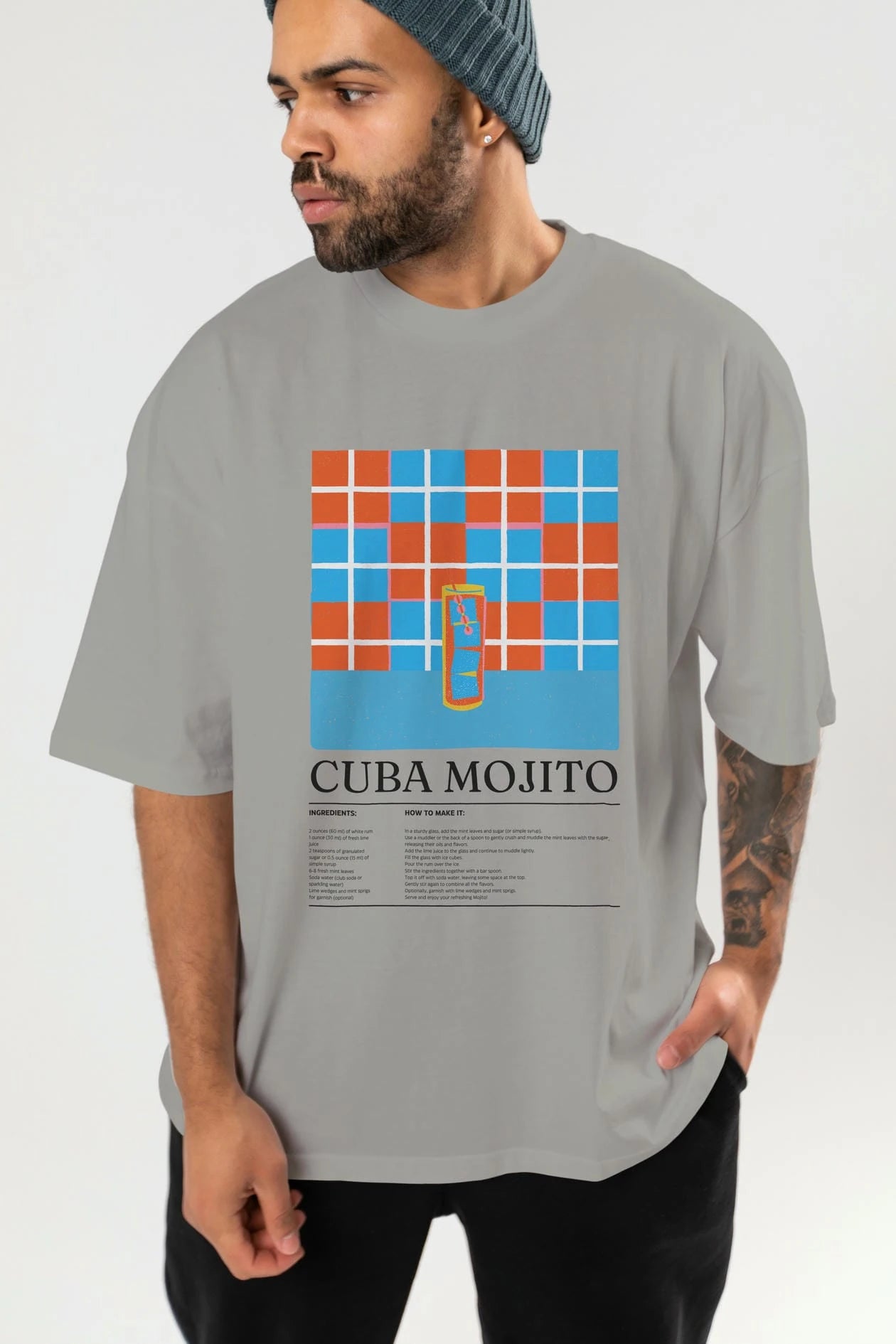 Cuba Mojito Kokteyl Ön Baskılı Oversize t-shirt Erkek Kadın %100 Pamuk Bisiklet Yaka tişort