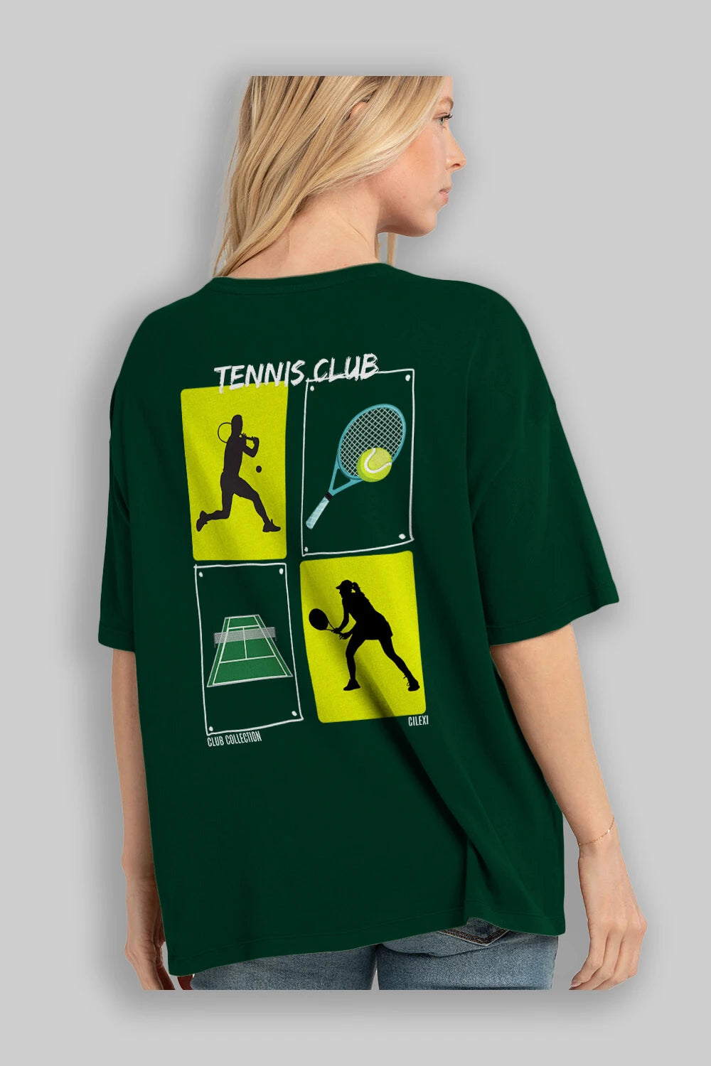 Tennis Club Arka Baskılı Oversize t-shirt Erkek Kadın %100 Pamuk Bisiklet Yaka tişort