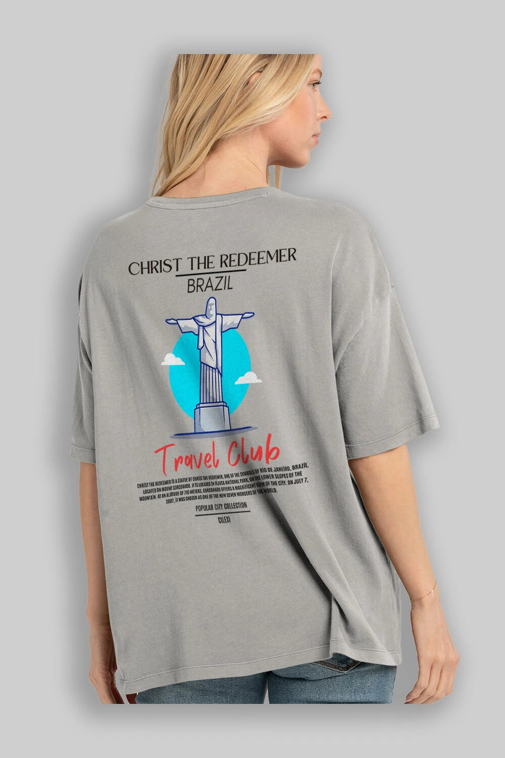 Christ The Redeemer Brazil Arka Baskılı Oversize t-shirt Erkek Kadın Pamuk Bisiklet Yaka tişort