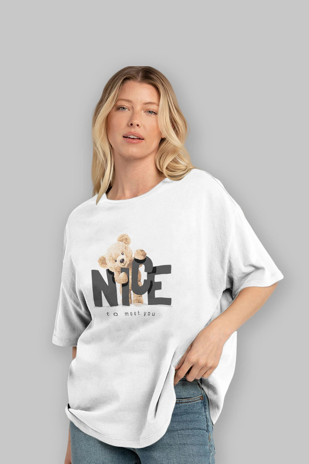 Teddy Nıce To Meet You Ön Baskılı Oversize t-shirt Erkek Kadın Unisex %100 Pamuk