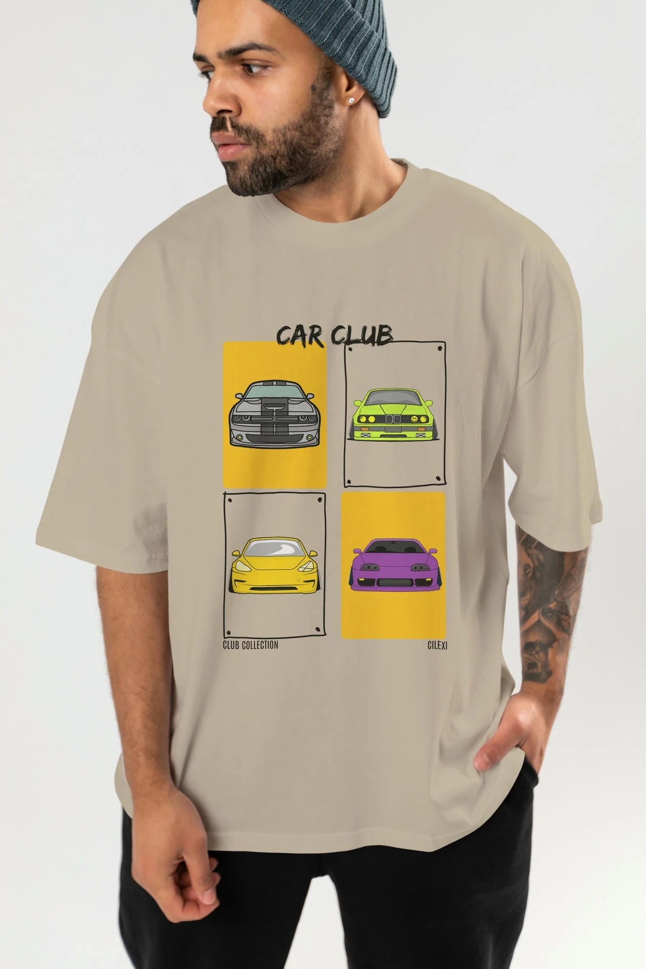 Car Club ön Baskılı Oversize t-shirt Erkek Kadın %100 Pamuk Bisiklet Yaka tişort