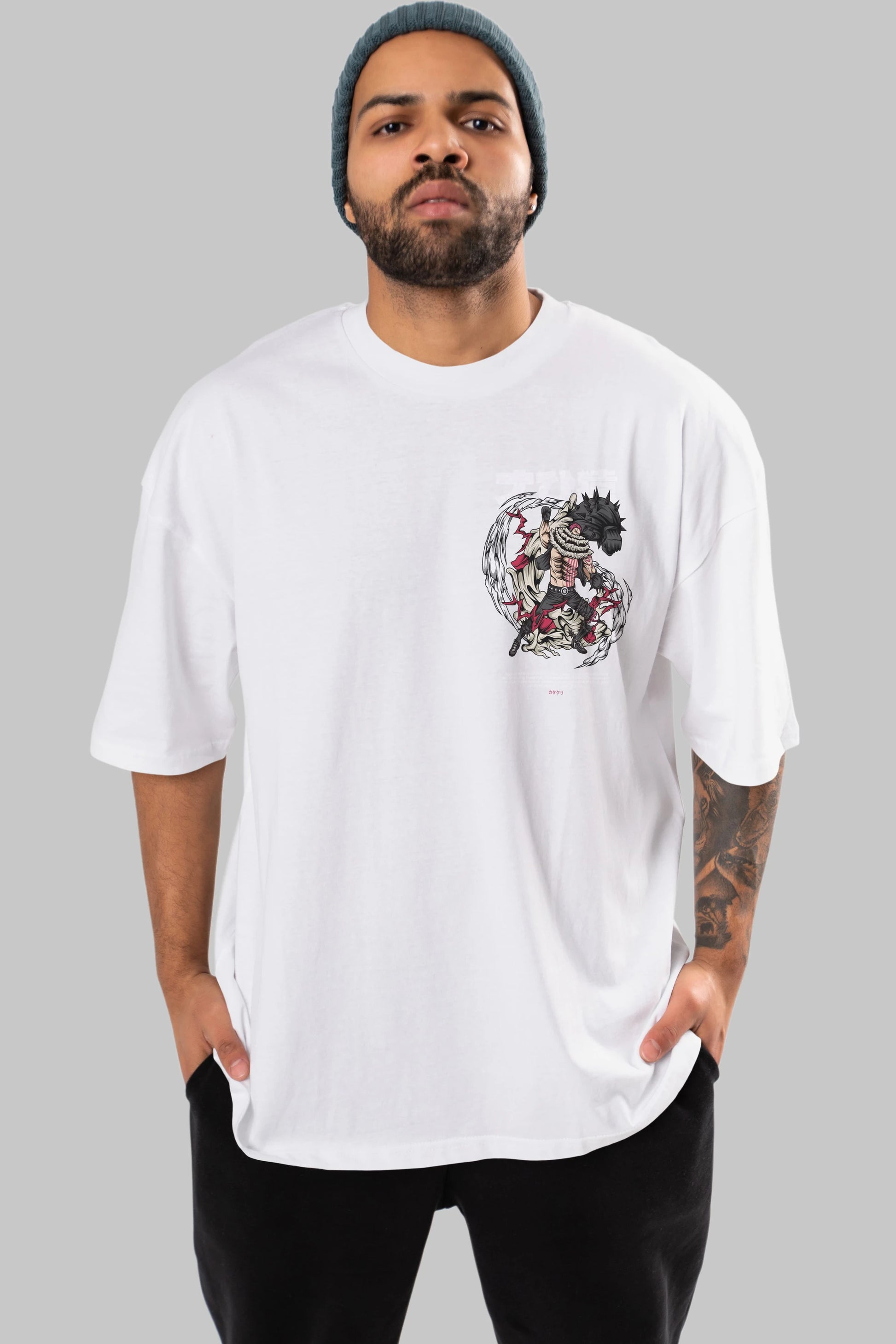 Katakuri Ön Sol Baskılı Oversize t-shirt Erkek Kadın Unisex %100 Pamuk Bisiklet Yaka tişort
