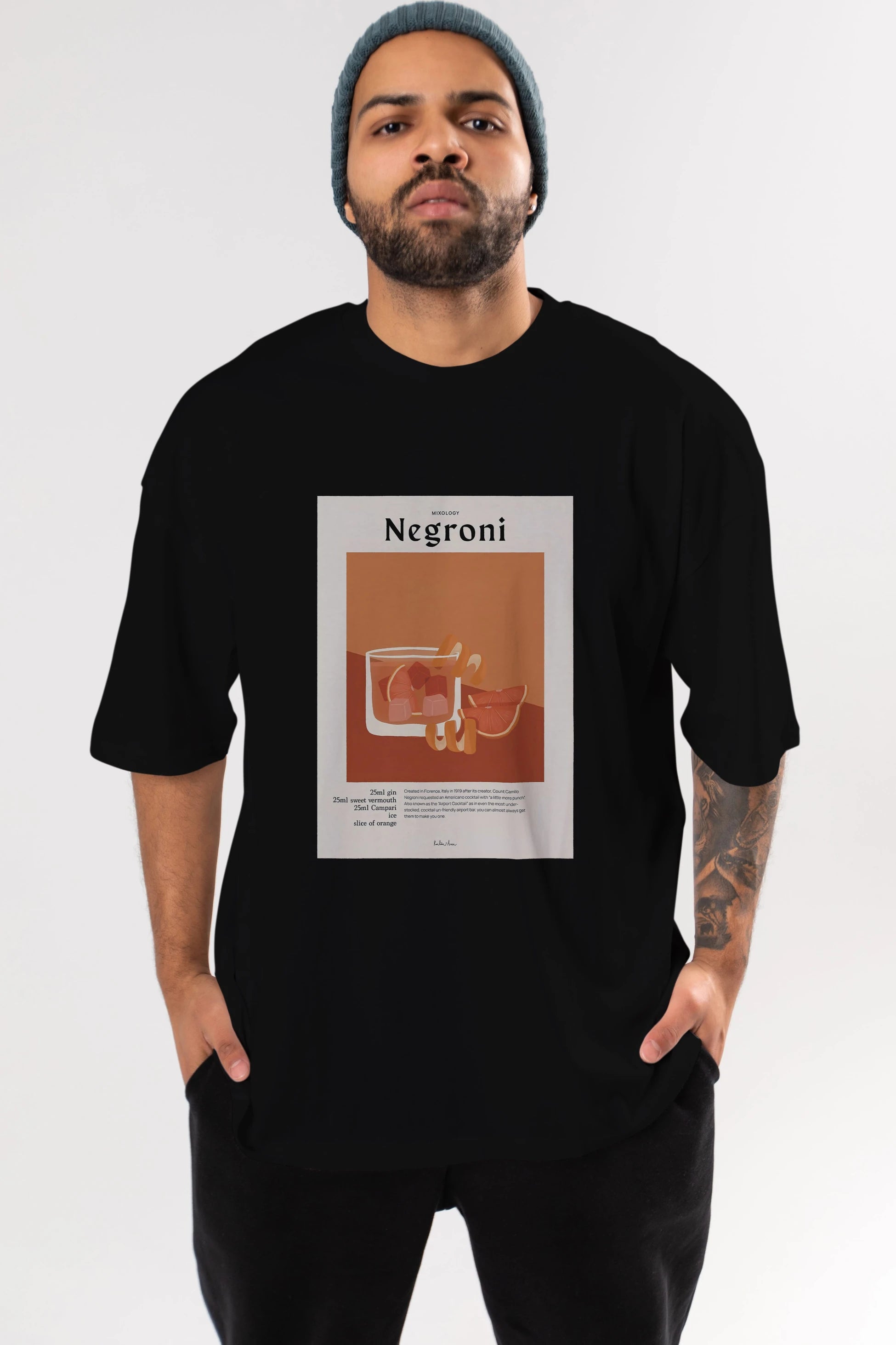 Mixology Negroni Ön Baskılı Oversize t-shirt Erkek Kadın Unisex %100 Pamuk Bisiklet Yaka tişort