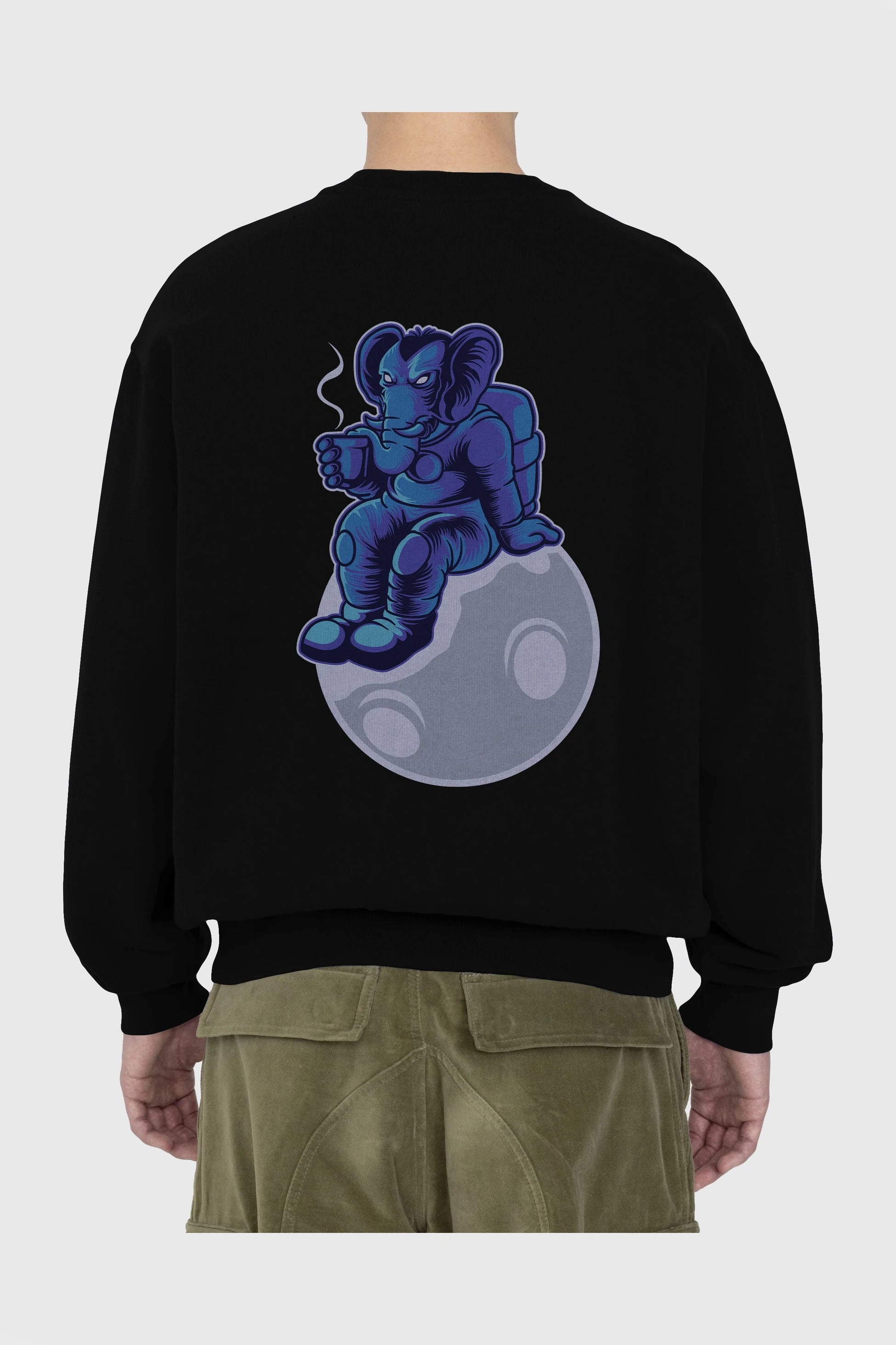 Space Elephant Drink Coffee Arka Baskılı Oversize Sweatshirt Erkek Kadın Unisex