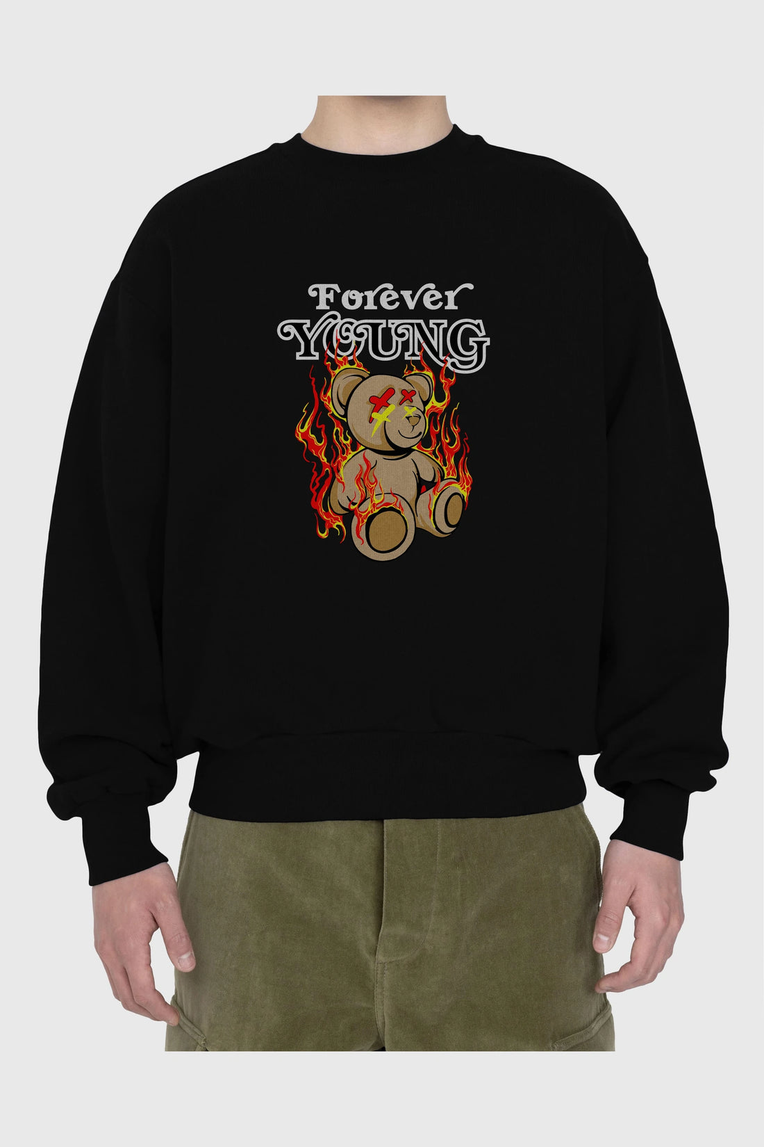 Forever Young Bear Ön Baskılı Oversize Sweatshirt Erkek Kadın Unisex