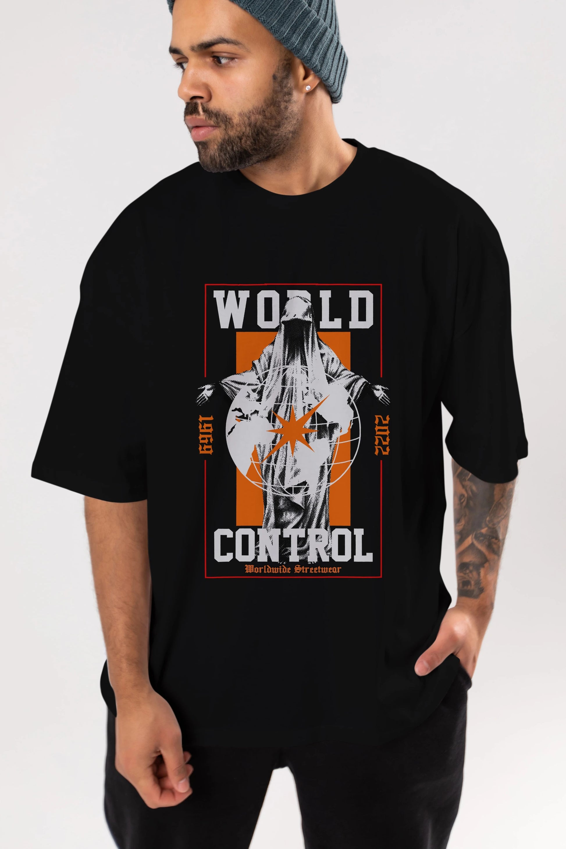 World Control Ön Baskılı Oversize t-shirt Erkek Kadın Unisex