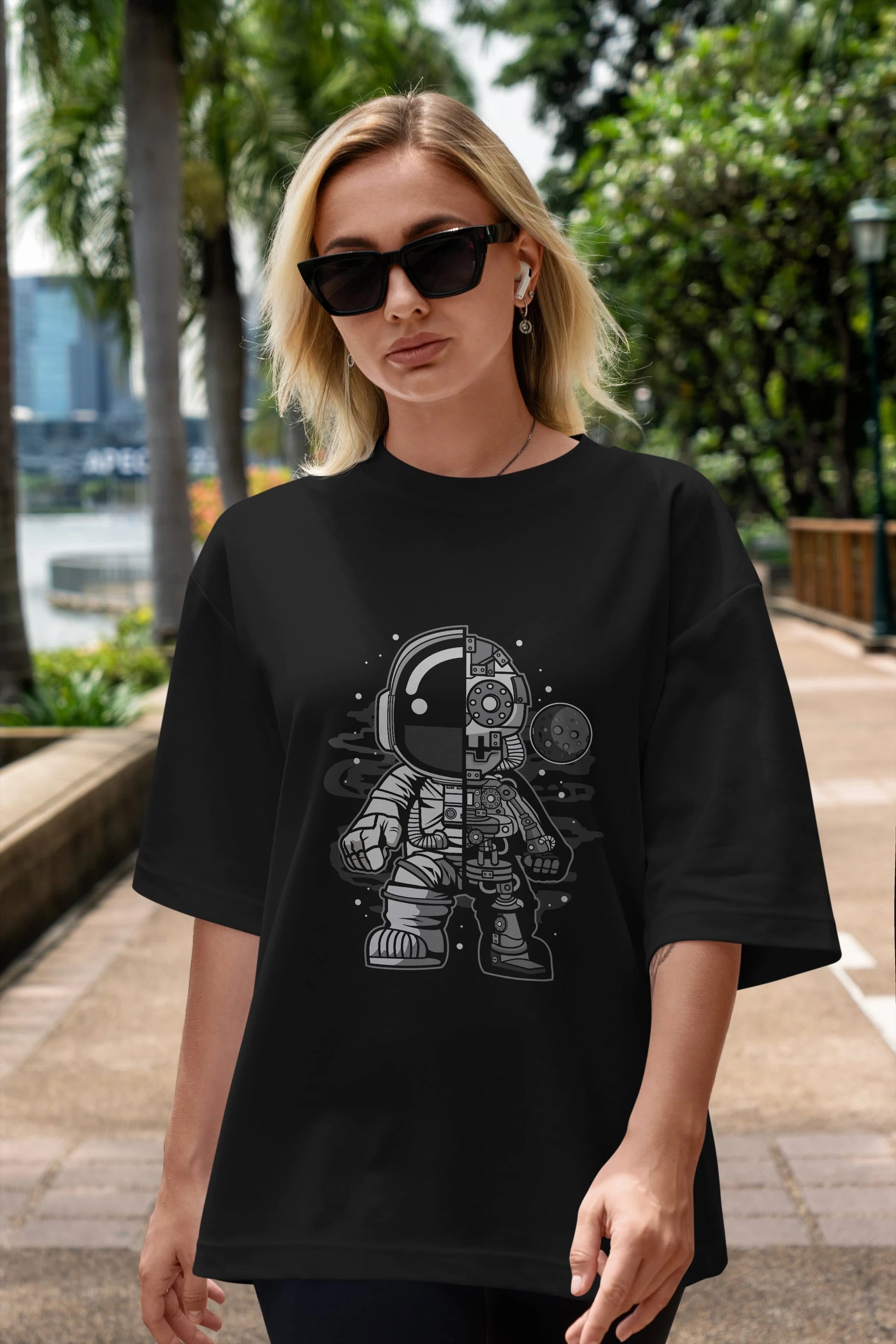 Astronaut Half Robot Ön Baskılı Oversize t-shirt Erkek Kadın Unisex