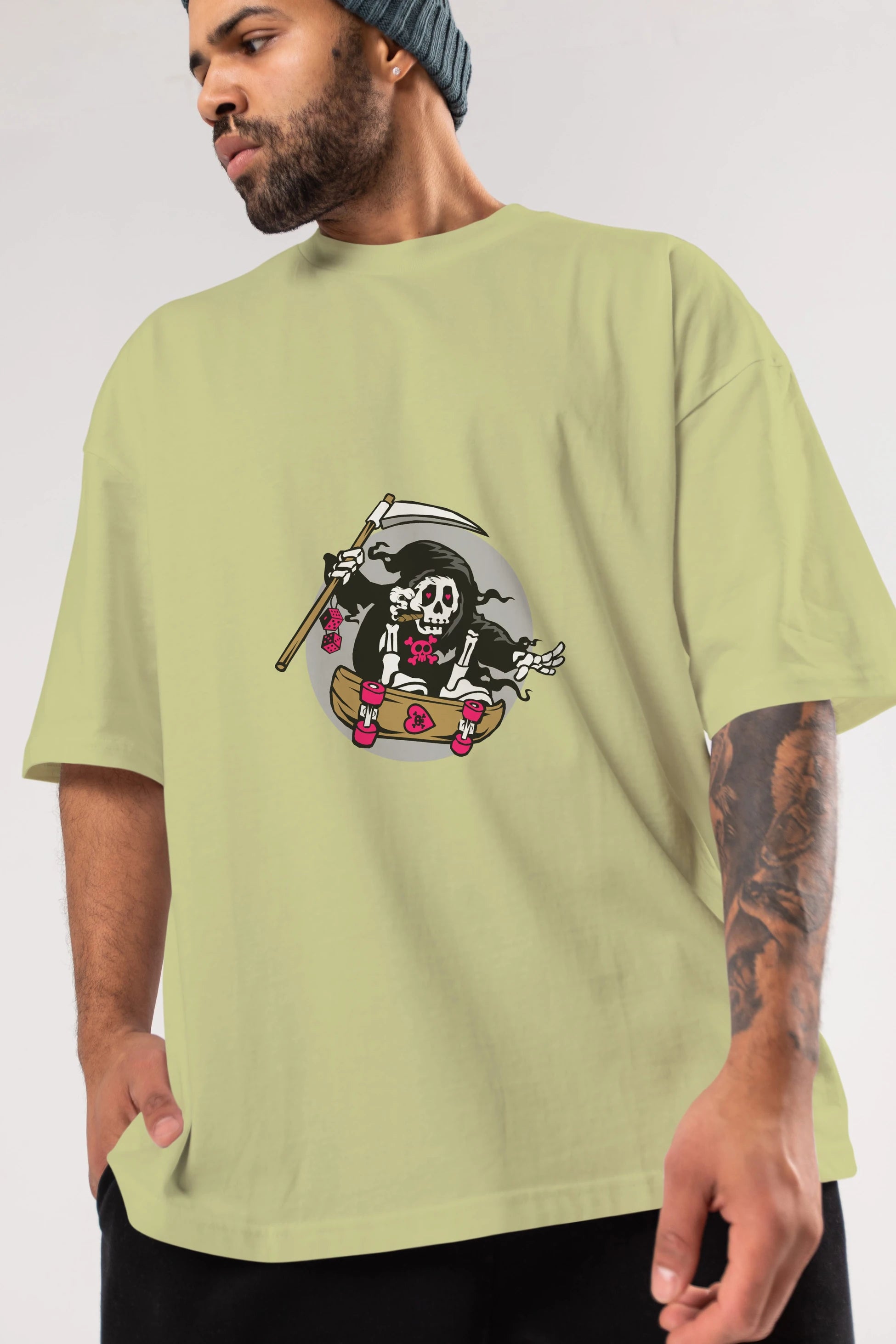 Grim Skater Ön Baskılı Oversize t-shirt Erkek Kadın Unisex %100 Pamuk tişort