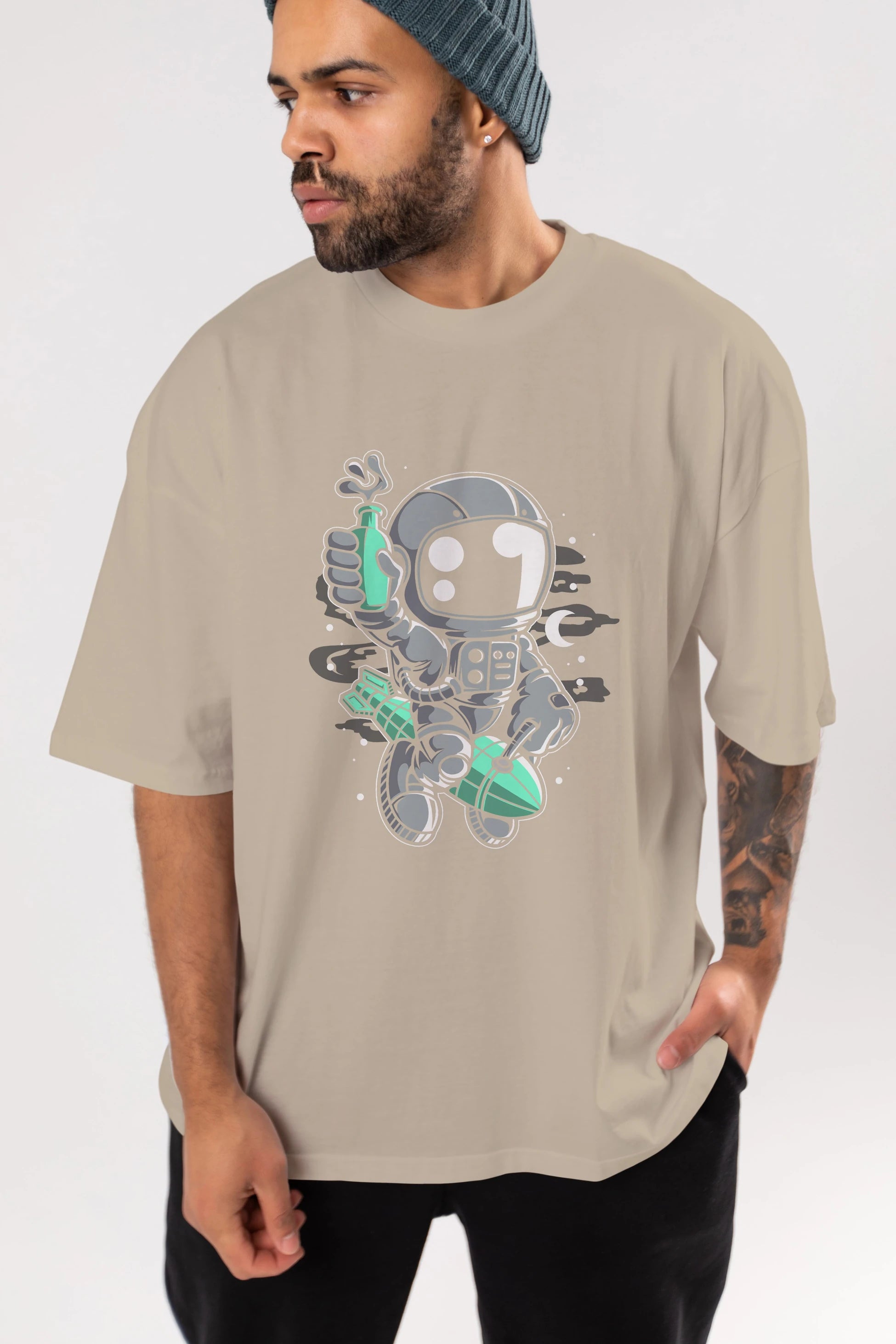 Astronaut Rocket Ön Baskılı Oversize t-shirt Erkek Kadın Unisex